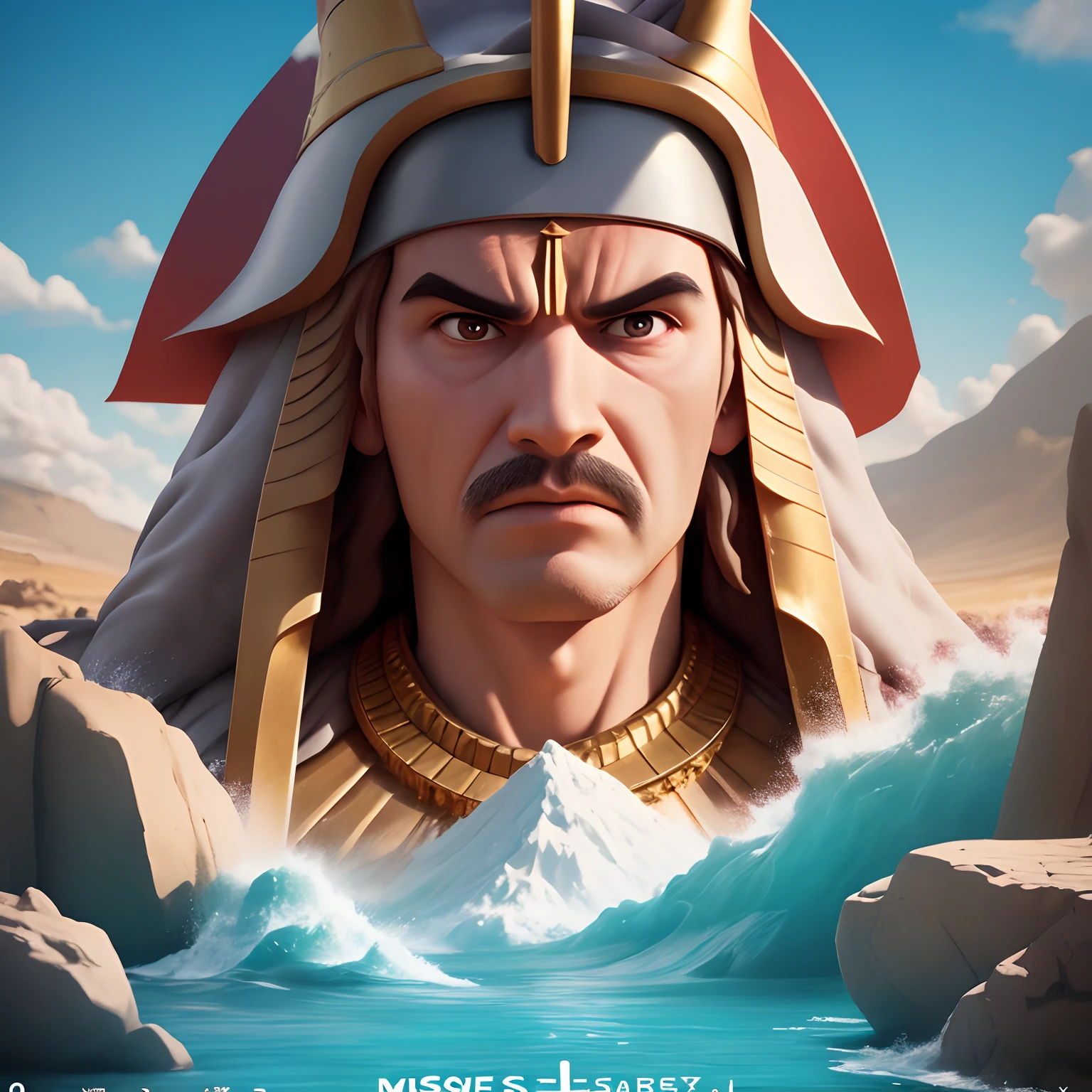 pixar themed movie poster with the title moses, displaying moses facing away from the viewer and splitting the red sea, while an angry pharaoh watches in the background