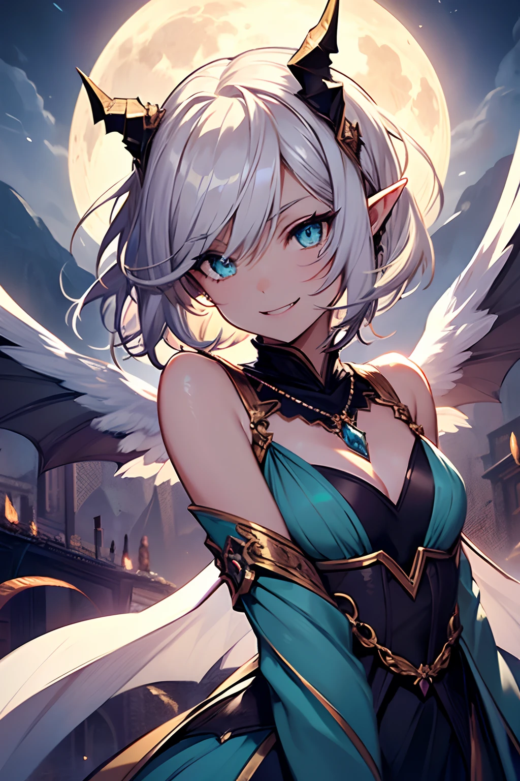 1woman, Highly detailed, elf ears, very short hair, white hair, asymmetrical hair, wavy hair, ornate dress, blue eyes, glowing eyes, fangs, dragon eyes, feathered hair, blue gem necklace, slender, angel wings, small-medium chest, dragon horns, masterpiece, arms open for an embrace, under the moon, smiling
