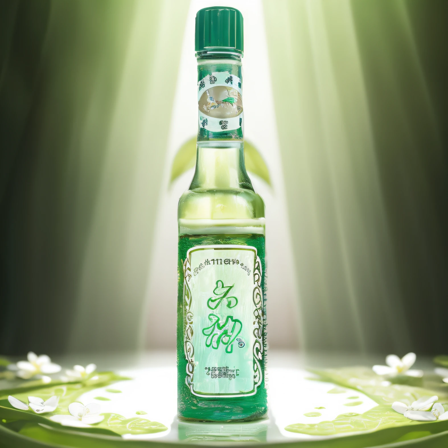 fotografia do produto，chai，Mossy，Eau，A plant，verde claro，White flowers，water ripple，Realism, Light green and white gradient background, Color scales, Depth of field, High quality, ultra fine detailed, author：hasselblatt