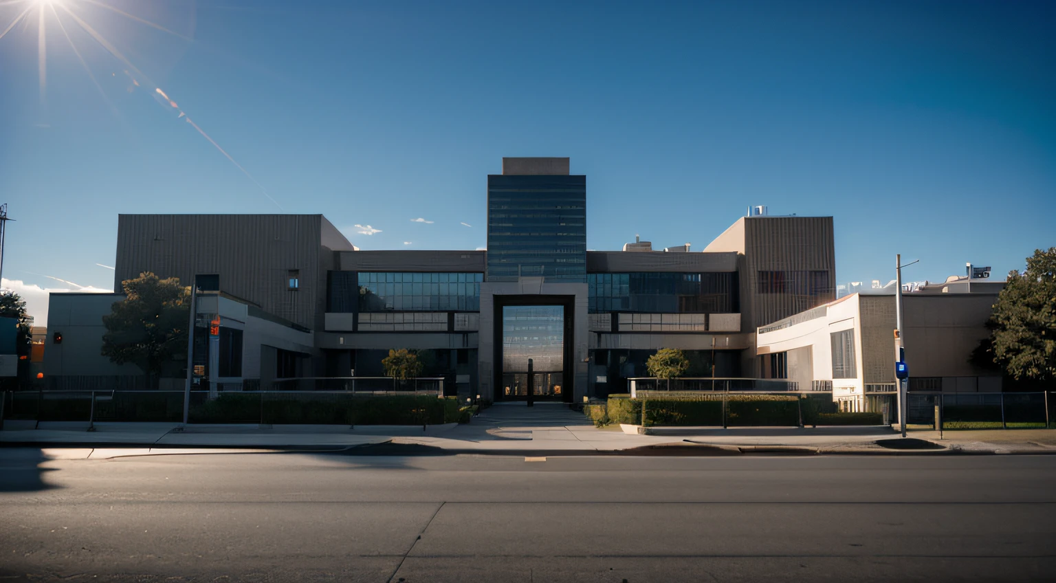 -cinematic, A wide shot capturing the Quantum Research Facility against the city backdrop, with the sun casting long shadows., establishing shot , peach light, movie still, Phantom High-Speed Camera --ar 16:9 --styleraw