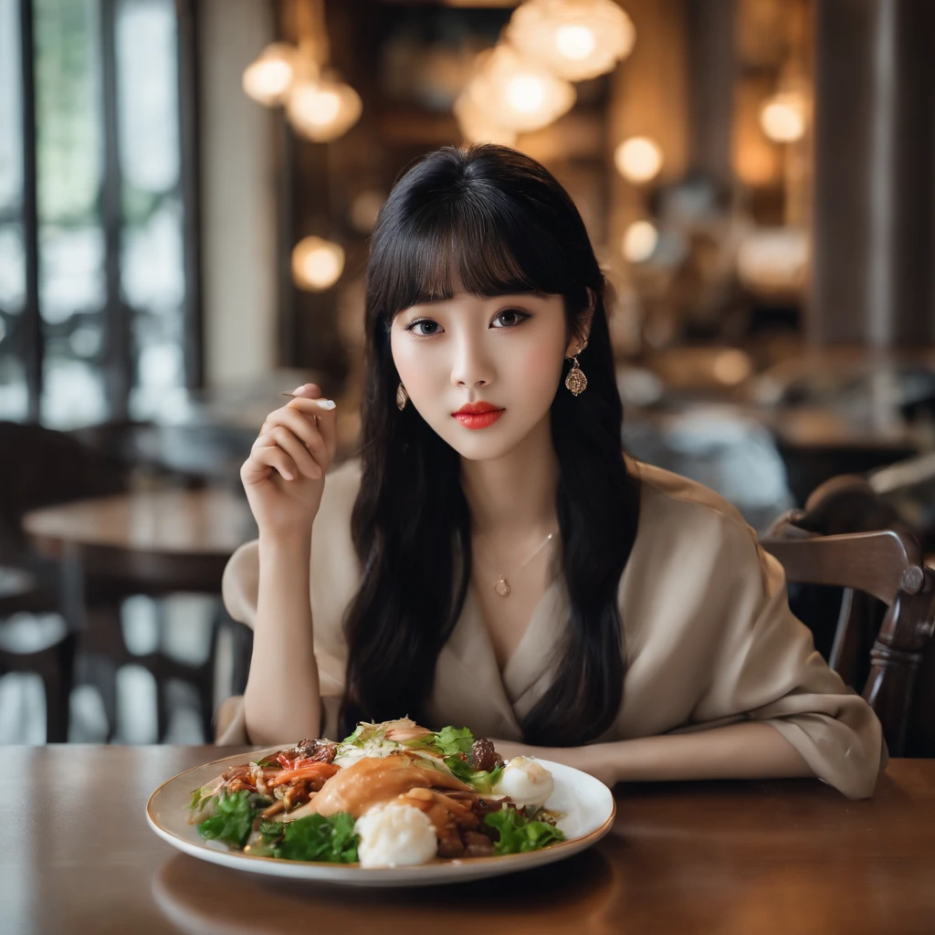 araffe woman sitting at a table with a plate of food, korean girl, ulzzang, she has black hair with bangs, portrait of female korean idol, beautiful south korean woman, beautiful young korean woman, young asian girl, a young asian woman, korean women's fashion model, young adorable korean face, gorgeous young korean woman, young cute wan asian face