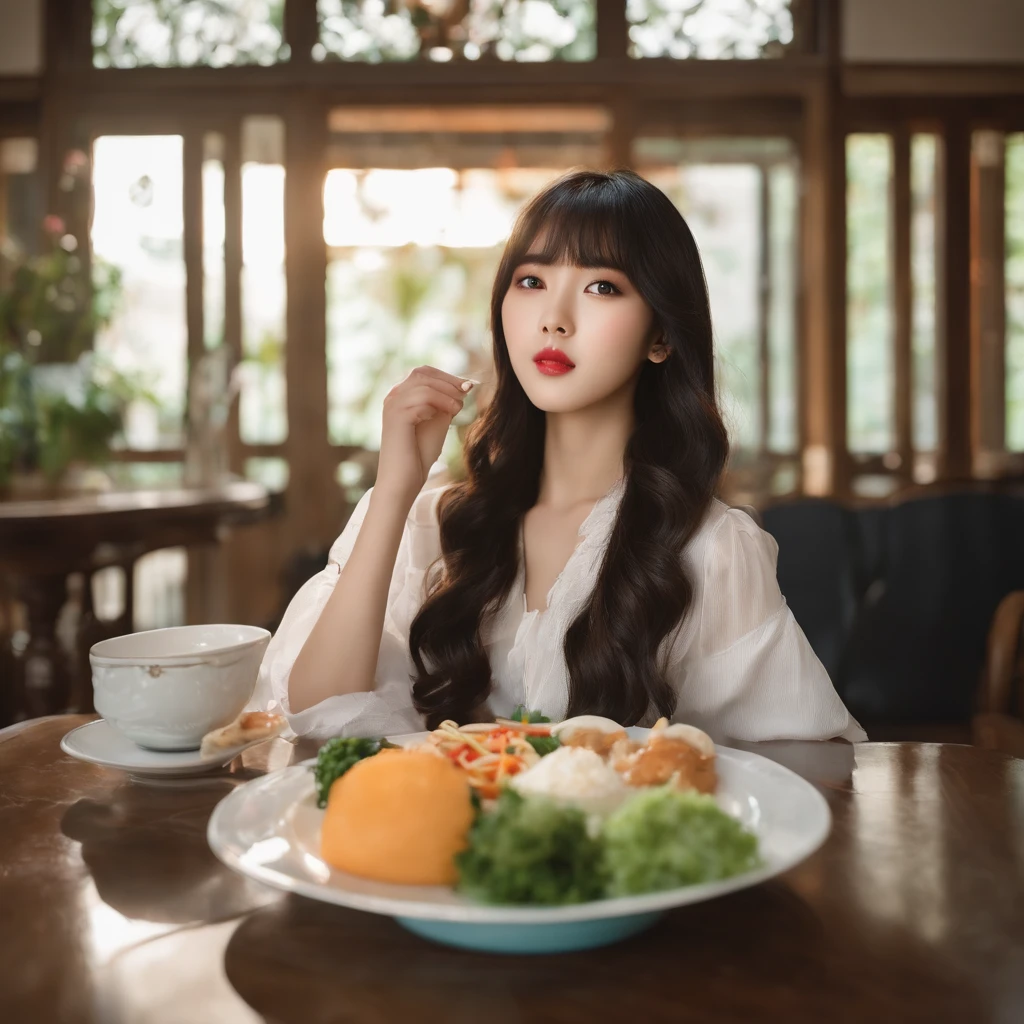 araffe woman sitting at a table with a plate of food, korean girl, ulzzang, she has black hair with bangs, portrait of female korean idol, beautiful south korean woman, beautiful young korean woman, young asian girl, a young asian woman, korean women's fashion model, young adorable korean face, gorgeous young korean woman, young cute wan asian face