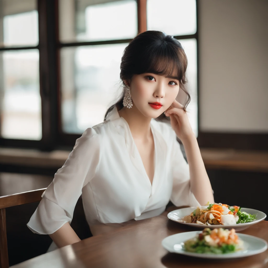 araffe woman sitting at a table with a plate of food, korean girl, ulzzang, she has black hair with bangs, portrait of female korean idol, beautiful south korean woman, beautiful young korean woman, young asian girl, a young asian woman, korean women's fashion model, young adorable korean face, gorgeous young korean woman, young cute wan asian face