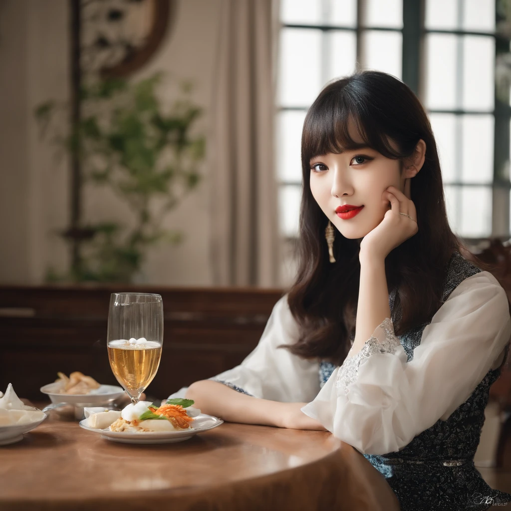 araffe woman sitting at a table with a plate of food, korean girl, ulzzang, she has black hair with bangs, portrait of female korean idol, beautiful south korean woman, beautiful young korean woman, young asian girl, a young asian woman, korean women's fashion model, young adorable korean face, gorgeous young korean woman, young cute wan asian face