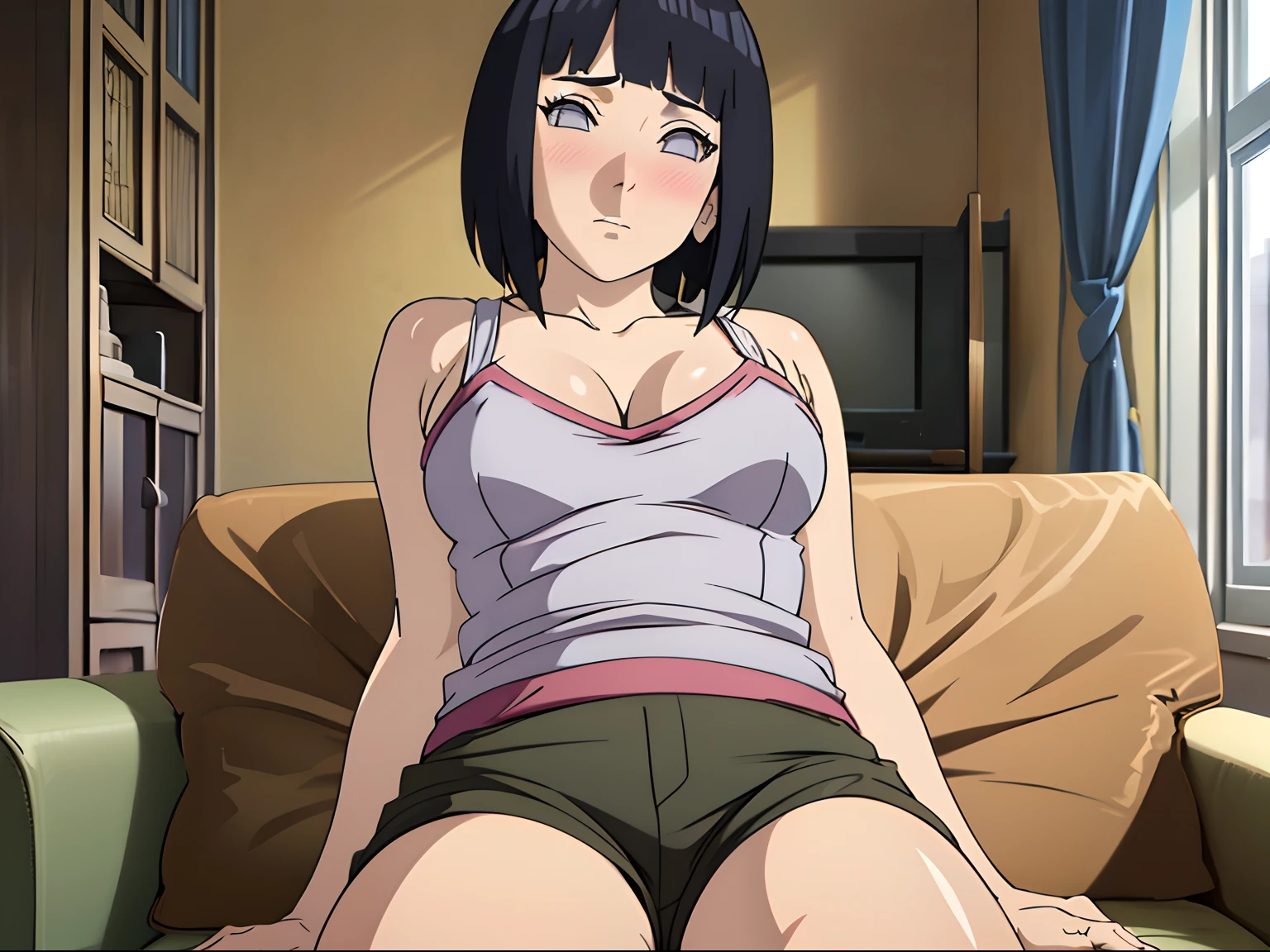 (Best quality:1.3), ,,Medium breasts, White top, cleavage, Shorts, angle of view, Be red in the face,Blush 1.5,inside in room,liveroom,Sitting,Show off your thighs,Particularly heavy blush,Pose while lying on the couch,with short black hair,Jirou legs,