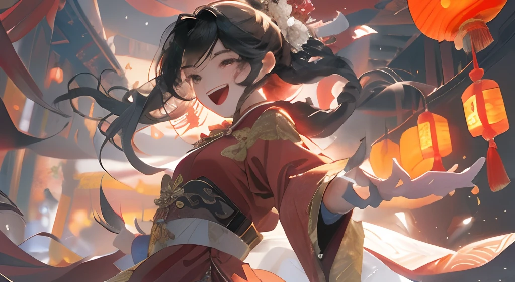 ,tmasterpiece,Best quality,
1girll,独奏,Chinese fabric,Chinese style,happy laughing,Open-mouthed,Red clothes,the night,Lanterns,