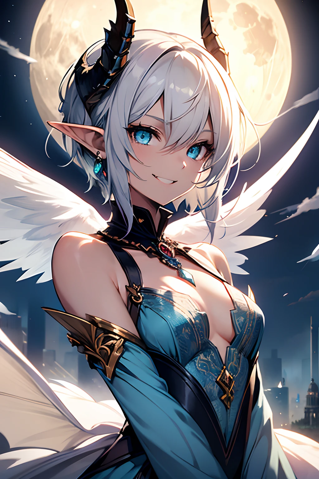 1woman, Highly detailed, elf ears, very short hair, white hair, asymmetrical hair, wavy hair, ornate dress, blue eyes, glowing eyes, fangs, dragon eyes, feathered hair, blue gem necklace, slender, angel wings, small-medium chest, dragon horns, masterpiece, arms outstretched, under the moon, smiling