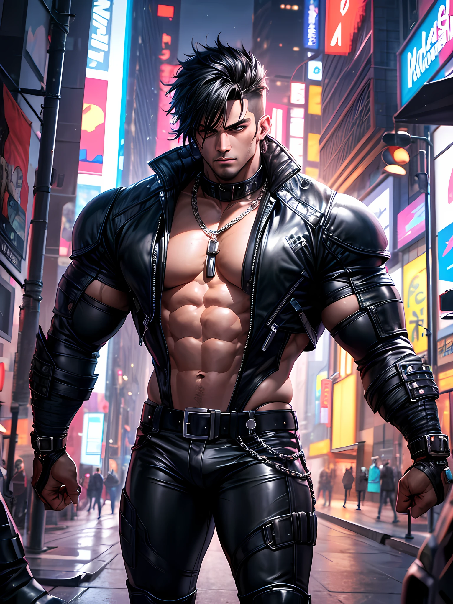 Top quality, Photorealistic, 8K, High Definition, Unity 8K wallpaper, high res, ultra sharp, masterpiece, ((masterpiece)), best quality, intricate details, expressive eyes, perfect face, detailed face, detailed eyes, masterpiece, highly detailed exquisite character art, melancholy lighting, cinematic lighting, ultra-realistic, detailed body, detailed muscles, detailed muscles, (((1Male))) Asian, handsome, bodybuilder, thick thighs, bara, large chest, futuristic, cyberpunk, in fashion store in the city, neon lights, neon, cybernetic eyes, neon clothing, cybernetic, visors, leather boots, metallic jacket, leather pants, chain belt, rings, necklace, face tattoo, depressed, midnight,