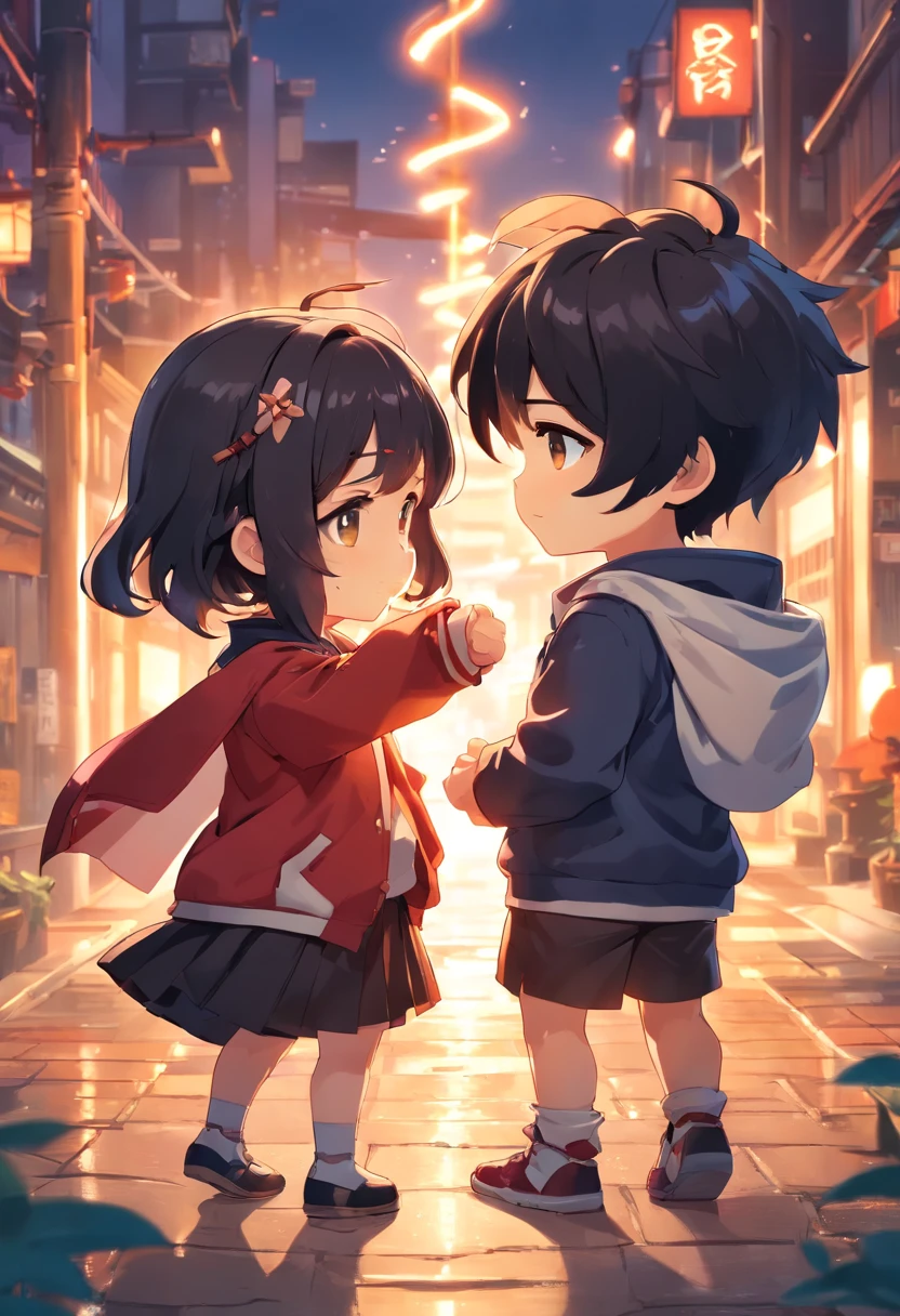 Draw 2 chibi couple holding hands in genshin impact style boy chibi with black hair and Messy Parted Light Bangs Korean Hairstyle