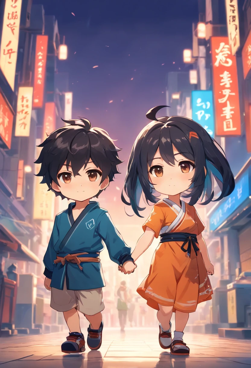 Draw 2 chibi couple holding hands in genshin impact style boy chibi with black hair and Messy Parted Light Bangs Korean Hairstyle