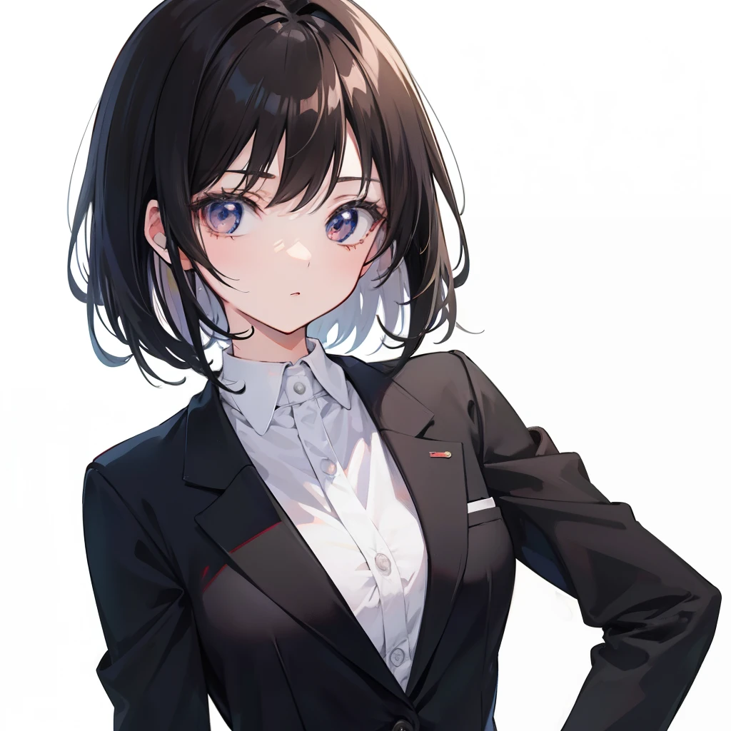 Anime style, 1 girl, black  hair, Office suit, Brown suit, Simple background, Plain background, Background: solid white,