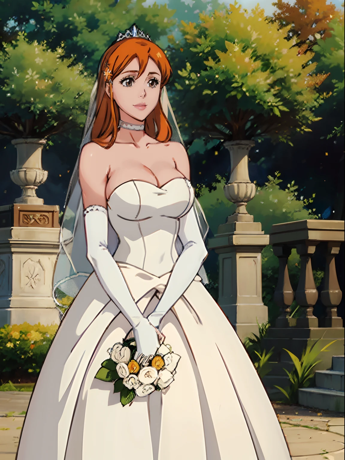 1girl hair between eyes, ahoge, brown eyes,orange hair, star \(symbol\), hair ornament, dress, cleavage, bare shoulders, collarbone, long white elbow gloves, white gloves, white dress, white choker, strapless, tiara, veil, strapless dress, wedding dress, bridal veil, beautiful woman, perfect body, perfect breasts, wearing a wedding dress, ball gown, in the park trees, wedding decorations, a in love smile, realism, masterpiece, textured skin, super detail, high detail, high quality, best quality, 1080p, 16k