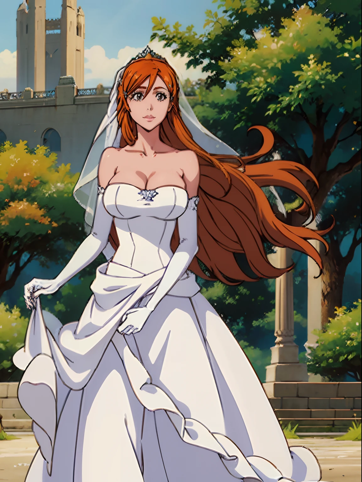 1girl hair between eyes, ahoge, brown eyes,orange hair, star \(symbol\), hair ornament, dress, cleavage, bare shoulders, collarbone, long white elbow gloves, white gloves, white dress, white choker, strapless, tiara, veil, strapless dress, wedding dress, bridal veil, beautiful woman, perfect body, perfect breasts, wearing a wedding dress, ball gown, in the park trees, wedding decorations, a in love smile, realism, masterpiece, textured skin, super detail, high detail, high quality, best quality, 1080p, 16k