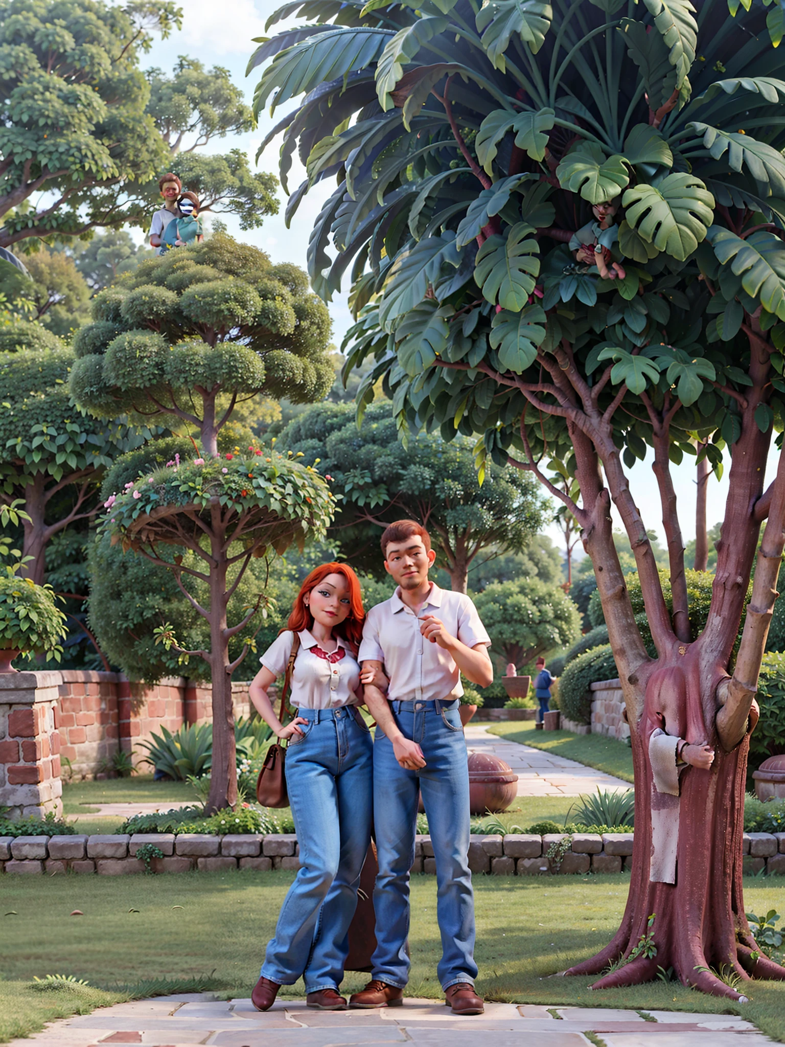 there are two people standing next to each other in front of a tree, in garden, couple pose, taken with the best dlsr camera, standing in a botanical garden, full protrait, protrait, scenary, couple, with a tall tree, in a garden, taken with sony alpha 9, lovely couple, in the garden, potrait