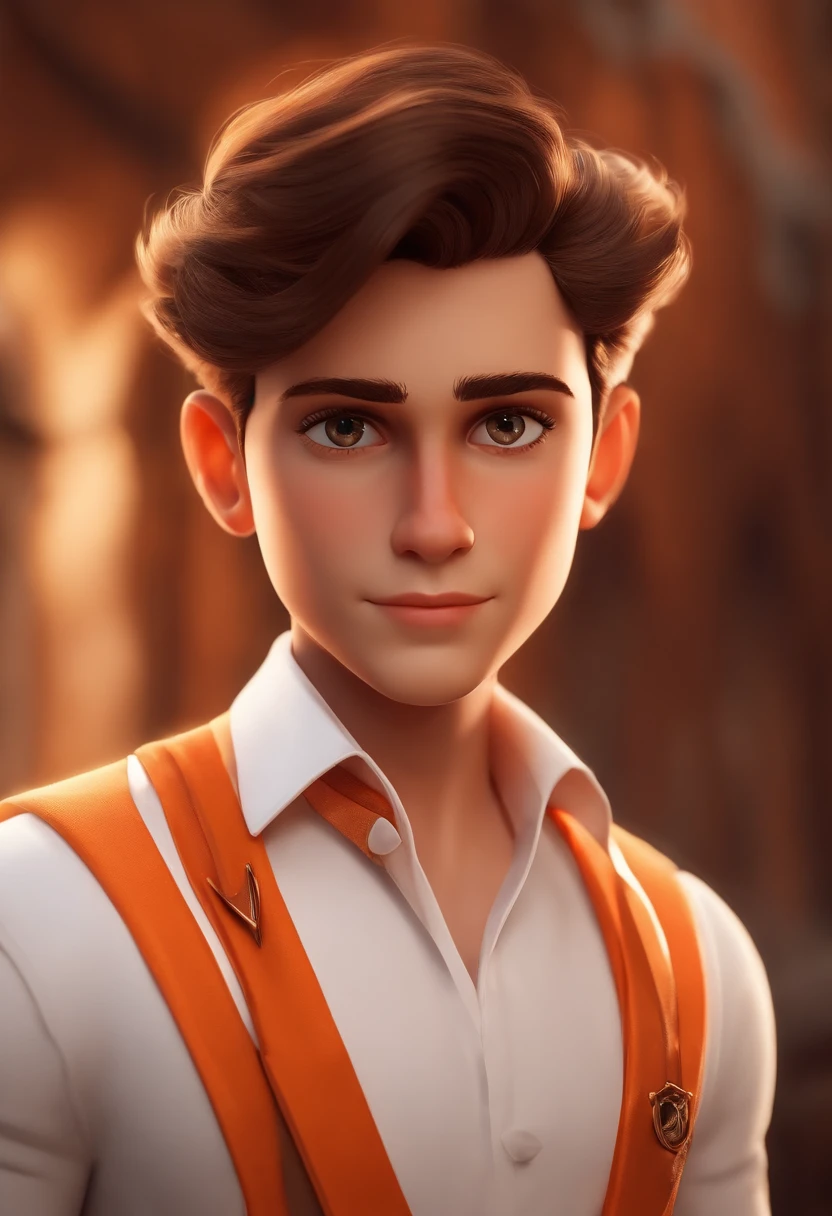 Make a light brunette boy, alto com covinhas nas bochechas, cabelo preto e olhos castanhos fundo com tons de laranja com aeronaves, White dress shirt and orange badge,  estilo disney pixar