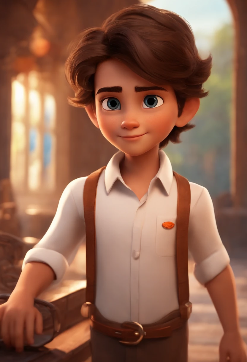 Make a light brunette boy, alto com covinhas nas bochechas, cabelo preto e olhos castanhos fundo com tons de laranja com aeronaves, White dress shirt and orange badge, estilo disney pixar