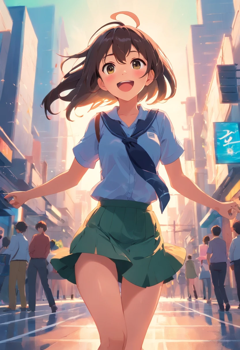 bit girl，having fun，big laughter，The is facing the screen，with her mouth open，largeeyes，in a skirt