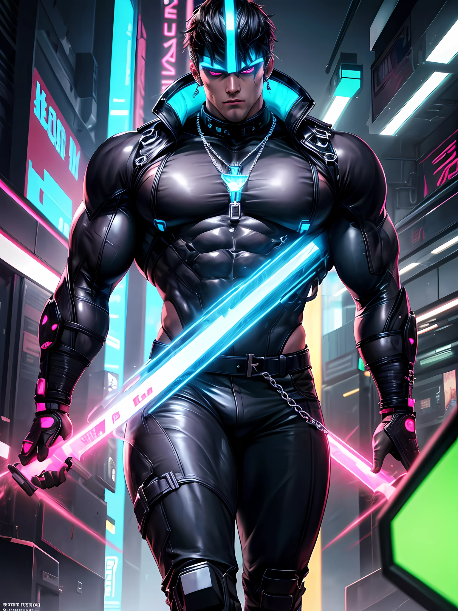 Top quality, Photorealistic, 8K, High Definition, Unity 8K wallpaper, high res, ultra sharp, masterpiece, ((masterpiece)), best quality, intricate details, expressive eyes, perfect face, detailed face, detailed eyes, masterpiece, highly detailed exquisite character art, melancholy lighting, cinematic lighting, ultra-realistic, detailed body, detailed muscles, detailed muscles, (((1Male))) Asian, handsome, bodybuilder, thick thighs, bara, large chest, futuristic, cyberpunk, in a neon cafe, neon lights, neon, cybernetic eyes, neon clothing, cybernetic, visors, leather boots, metallic jacket, leather pants, chain belt, rings, necklace, face tattoo, depressed, midnight,