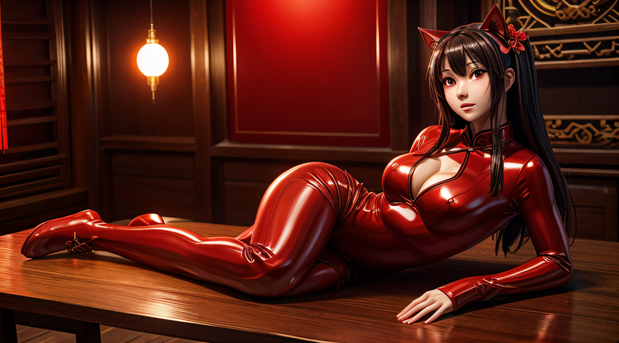 (full body) there is a woman in a red latex outfit laying on a table, a photorealistic painting by Yang J, trending on cg society, digital art, trending on cgstation, 🌺 cgsociety, wlop glossy skin, rin tohsaka, chinese girl, glowing red, red and cinematic lighting, wearing a red cheongsam, photorealistic anime girl render