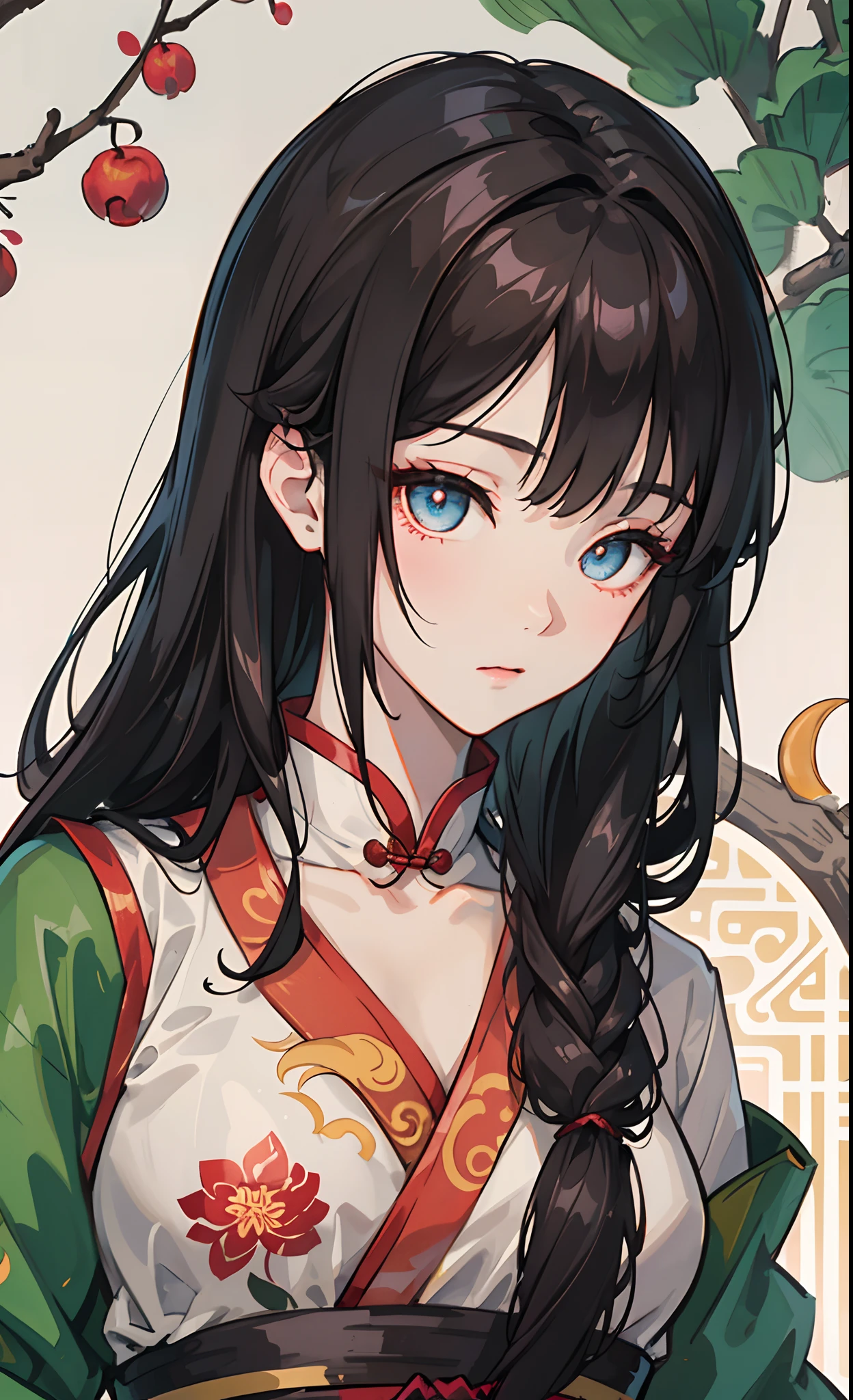 (top-quality)、女の子1人、A dark-haired、The long-haired、verd s eyes、Average bust、full bodyesbian、Hanfu、In front of the Chinese Palace、He recites Chinese poetry、Under the peach tree、crescent