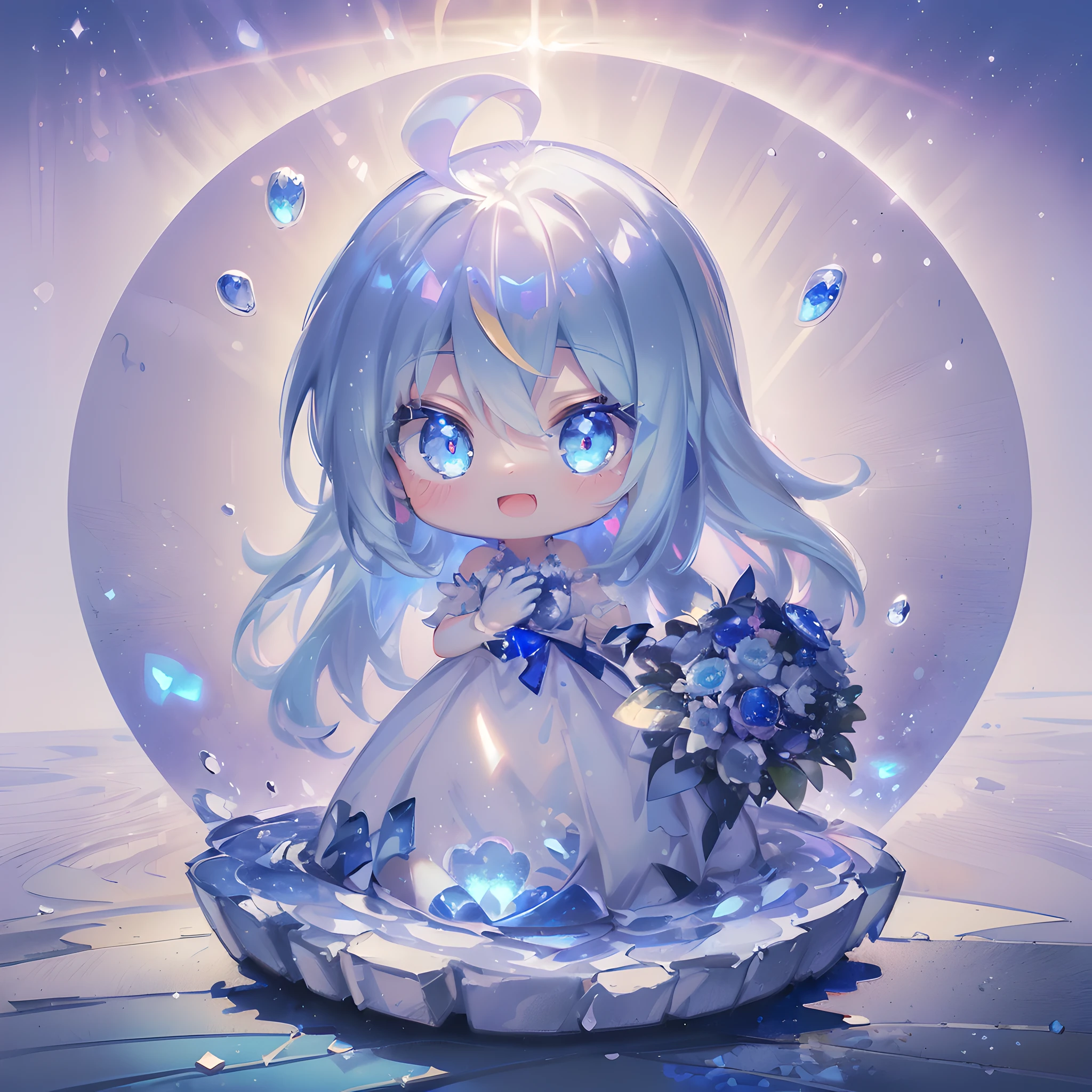 (((Sapphire masterpiece:1.2))), Best Quality, Extremely detailed, (Particles of light:1.5), (shining brightly:1.3)Back lighting, chromatic abberation, Anime, (((girl with))), (((Solo))), Happy, Full body, (Hold a bouquet), Light blue long hair, Light blue eyes, Ahoge, Dress, (white glove:1.3), (((Deformed))), (((Chibi Character))), Lake background, (Light blue background:1.3), splash water