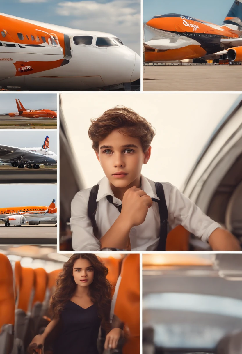 Make a light brunette boy, alto com covinhas nas bochechas, cabelo preto e olhos castanhos que trabalha no aeroporto, fundo com tons de laranja com aeronaves, White dress shirt and orange badge, estilo disney pixar