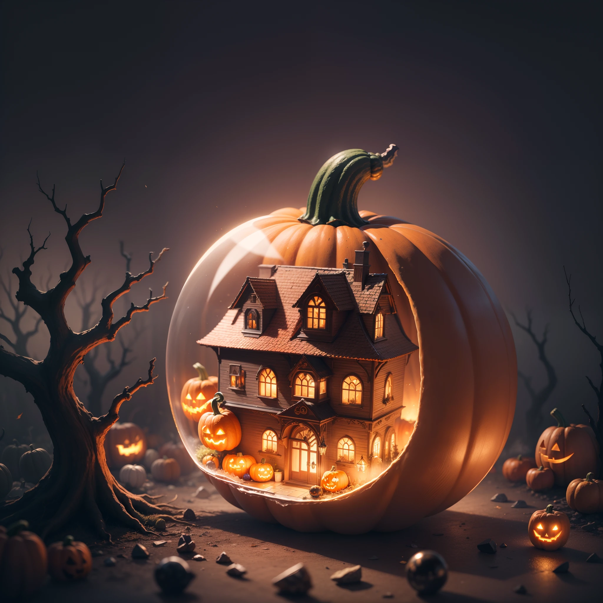 (8k, RAW photo, best quality, masterpiece:1.2), colorful background, clean background, depth of field, halloween house, pumpkin, ghosts,  fog, ,miniature, isometric, in Crystal ball,