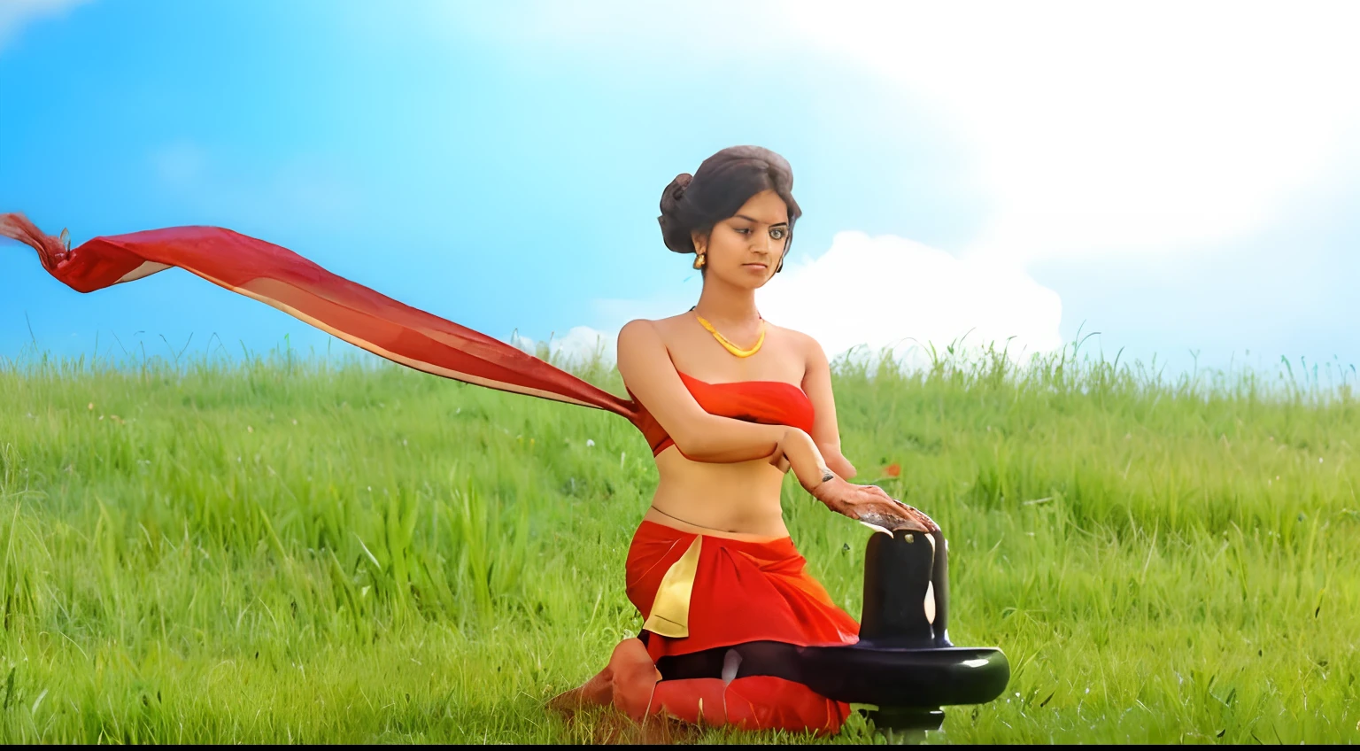 A beautiful young lady worshiping shivalingam , she wears a red saree, sitting on green grass, there is sky with clouds in background