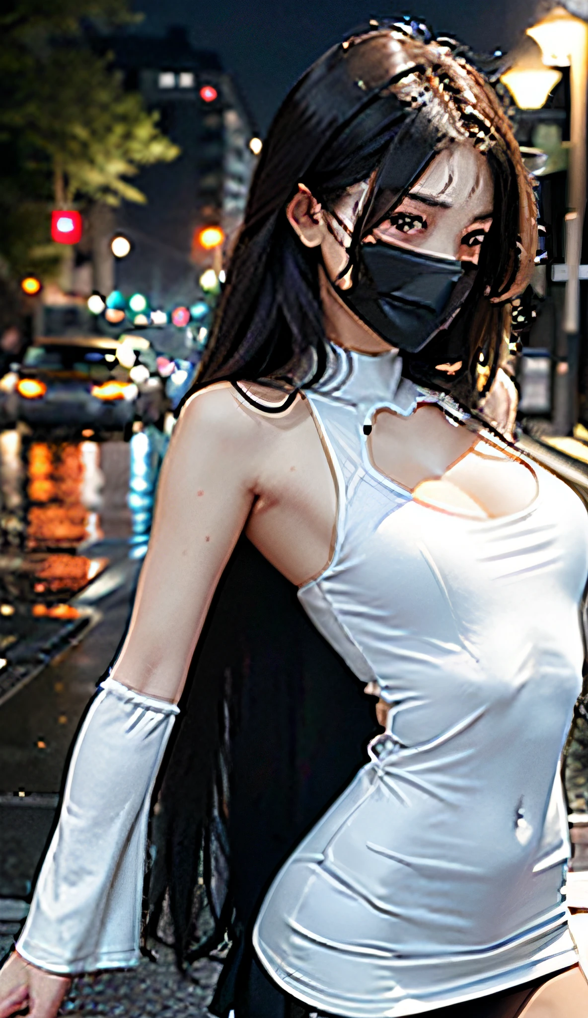 demon girl with fangs sitting in the street at night, snow on the ground, wet clothes, seductive, beauty spot on chin, wearing a loose oversized jacket, off the shoulder, fishnet leggings, wearing an oversized dress, wearing a long loose white shirt, sexy thighs, side pose, small mole on the chin, blushing, neon lights in the background, detailed background, raining, long sleeves, neck choker with necklace, long necklace, evil look, detailed digital anime art