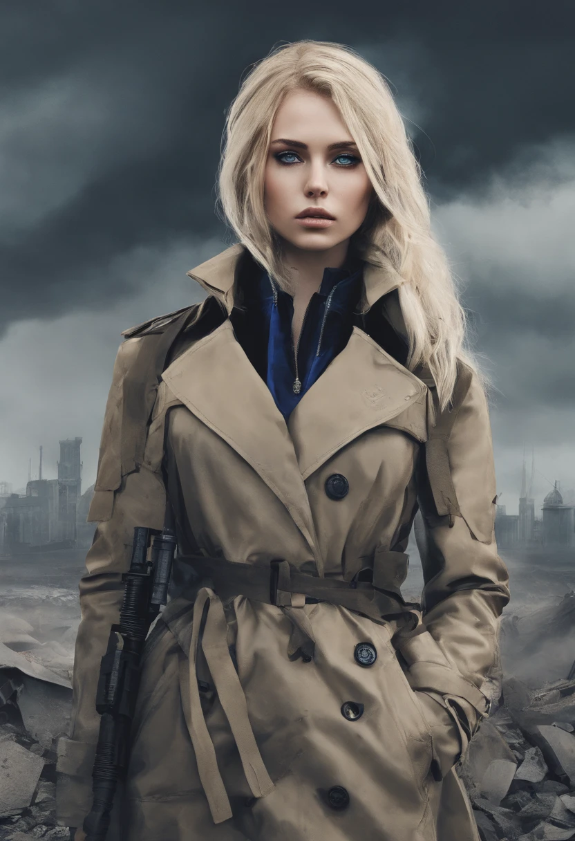 Russian girl, military, trench coat, blonde hair, blue eyes