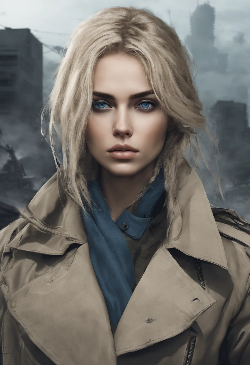 Russian girl, military, trench coat, blonde hair, blue eyes
