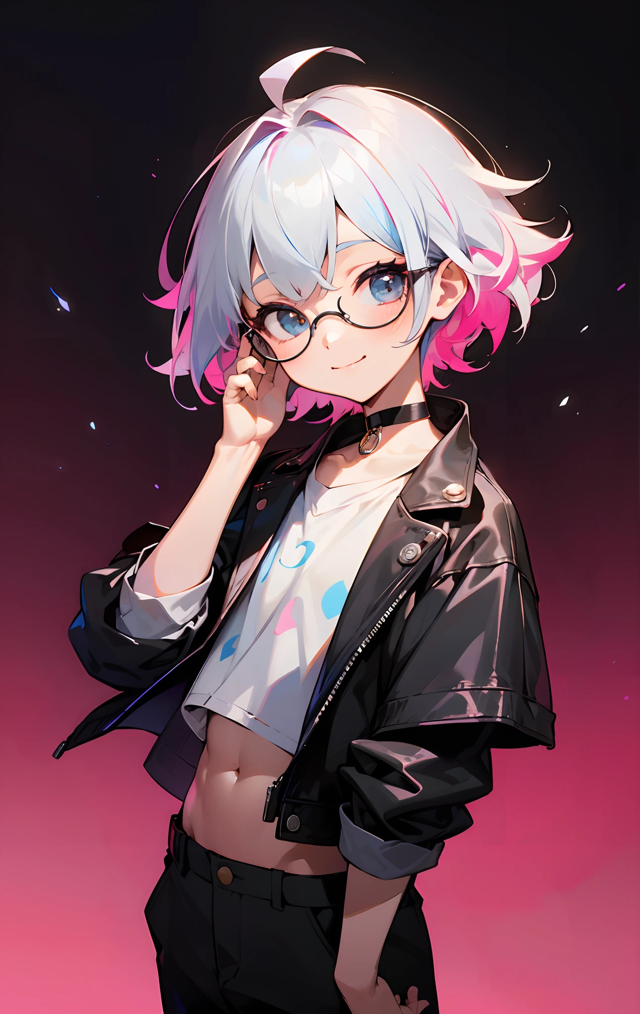 (Male child, eye glasses,A smile, silber hair)、独奏、jaket、Black jacket、Iridescent background、a choker、razor、Leather jacket、O cabelo multicolorido、cowboy shot、Color Inner Hair、bangss、White shirt、Fluffy clothes、Two-tone、Viewer's Perspective、is standing、a closed mouth、A pink-haired、Hand up、croptop、sideways Facing