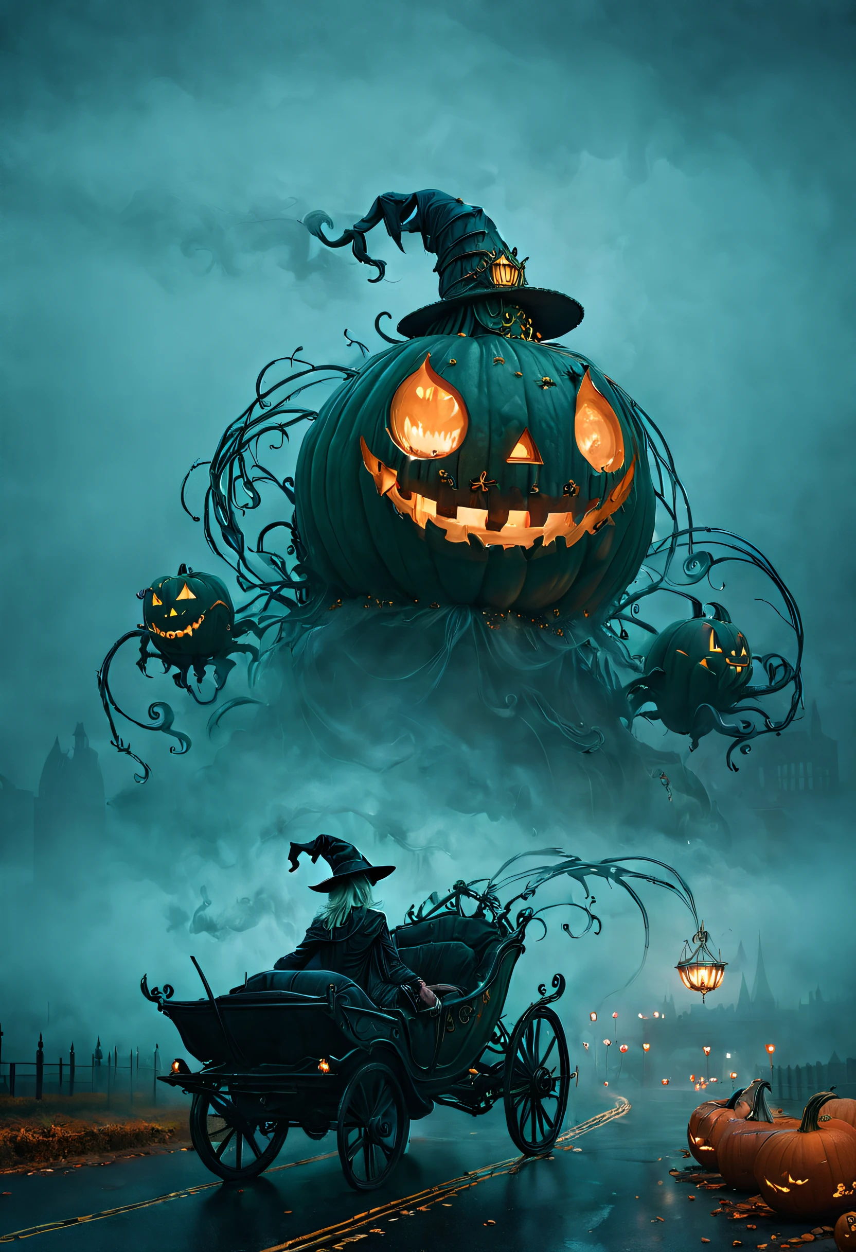 ssta, The Dark Witch cruising casually on the city roads in a magical pumpkin carriage, Beautifully carved decoration，glowing from within, Swirling mist, Wonder, Dark fairytale charm, Enchanted car, In stark contrast to the typical secular reality.