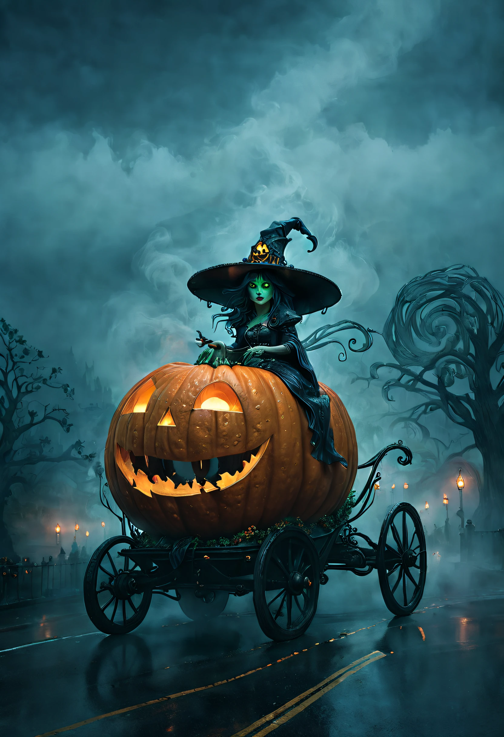 ssta, The Dark Witch cruising casually on the city roads in a magical pumpkin carriage, Beautifully carved decoration，glowing from within, Swirling mist, Wonder, Dark fairytale charm, Enchanted car, In stark contrast to the typical secular reality.