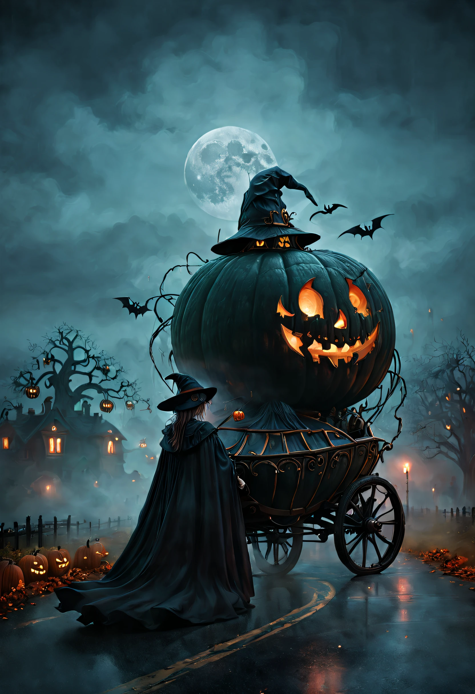 ssta, halloween night，The beautiful Dark Witch cruising casually on the city roads in a magical pumpkin carriage, Beautifully carved decoration，glowing from within, Swirling mist, Wonder, Dark fairytale charm, Enchanted car, In stark contrast to the typical secular reality, The mysterious aura of ghosts，red - eyed，Meniscus，Red Moon，borgar，pumpkins，the bats，Dark black cloak, Dark black wizard hat, Beautiful background, Light particles, Moon light, Dramatic lighting, Cinematic lighting, darkly，Dark tones，Gloomy