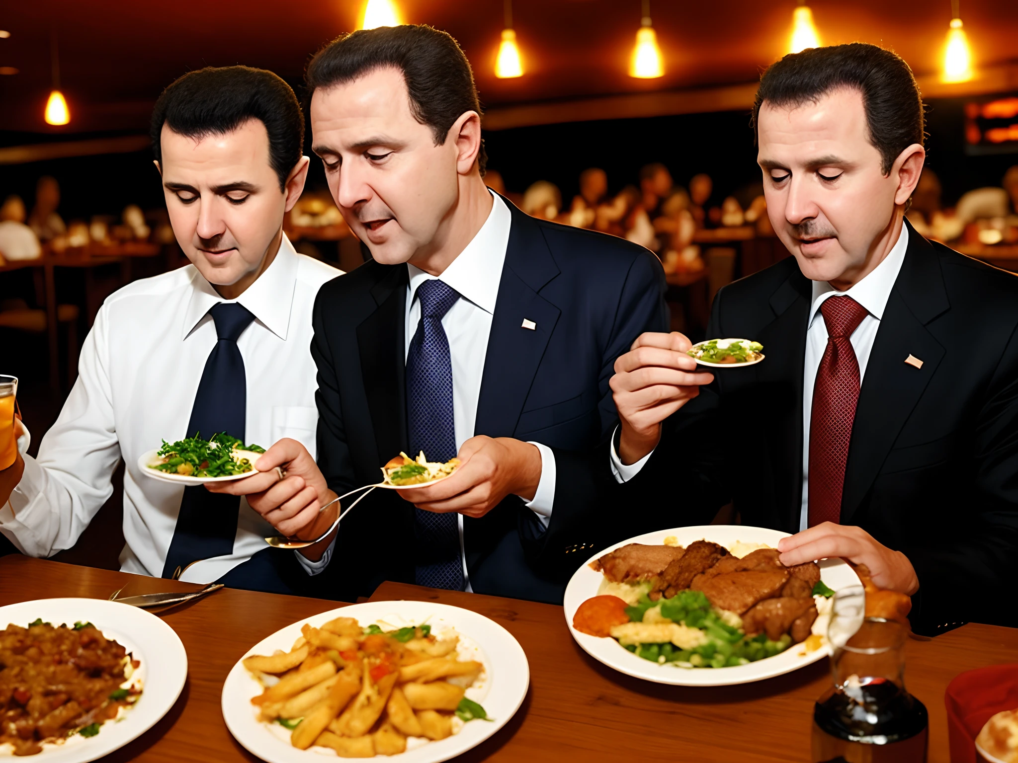 Bashar Al Assad feeding George W Bush in an Outback Steakhouse