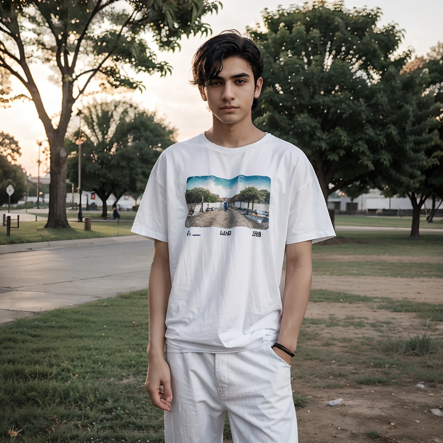 Boy with githar{ he's 20 years old with black hair, white skin and a normal hieght}. He's stand so confidence in corner of a park in the sunset. masterpiece shot. {perfect details and high quality}. He's iranian and {wearing a white over size t-shirt and blue jean pant} .