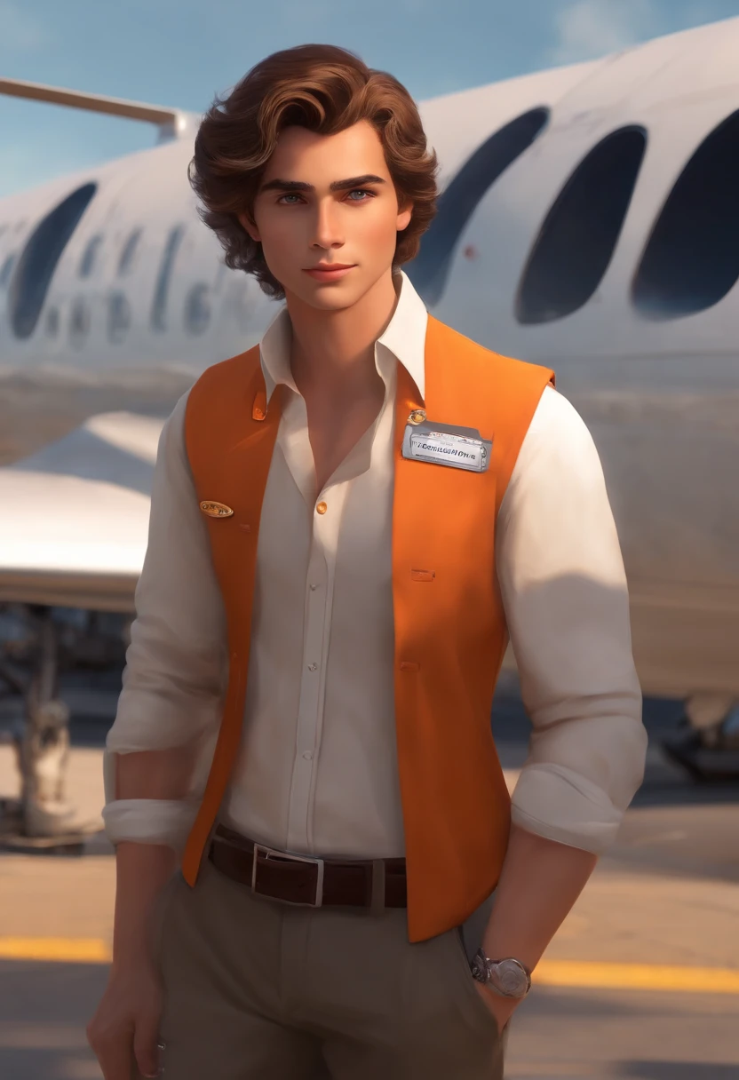 Make a light brunette boy, alto com covinhas nas bochechas, cabelo preto e olhos castanhos que trabalha no aeroporto, fundo com tons de laranja com aeronaves, White dress shirt and orange badge, estilo disney pixar
