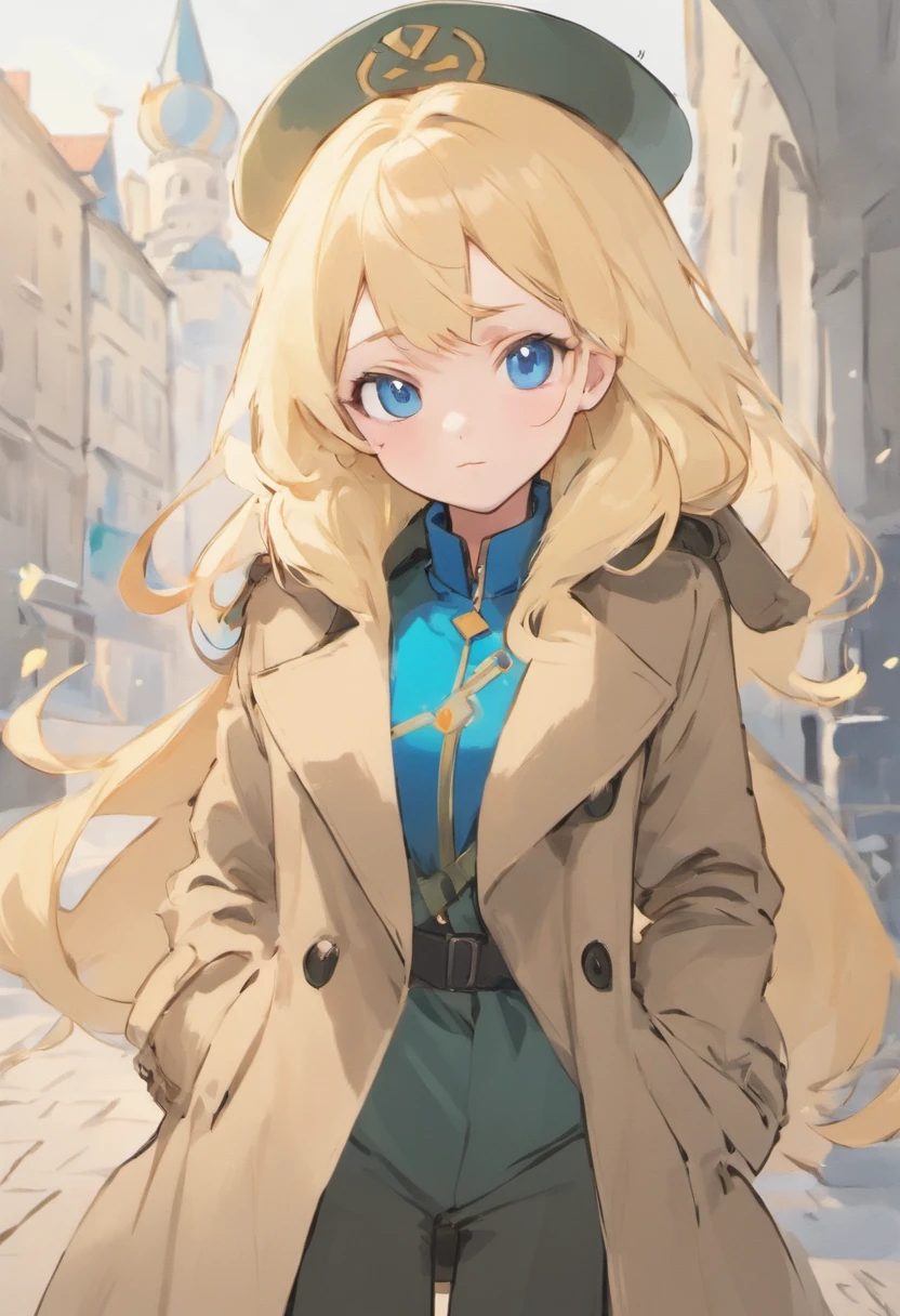 Russian girl, military, trench coat, blonde hair, blue eyes