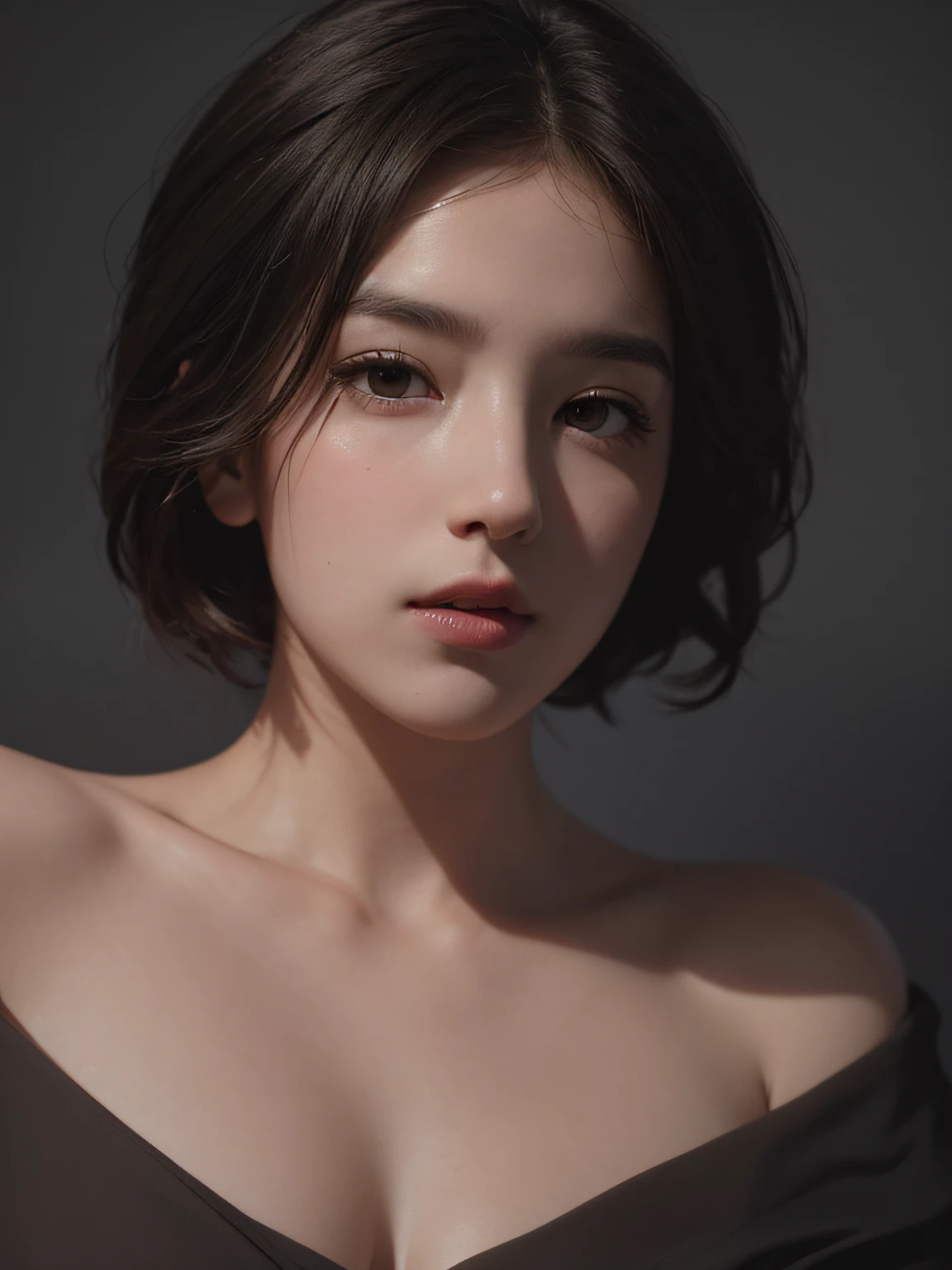 Best quality, masterpiece, ultra high res, (photorealistic:1.5), raw photo, 1girl, offshoulder, in the dark, deep shadow, low key, cold light, sexy look, short hair