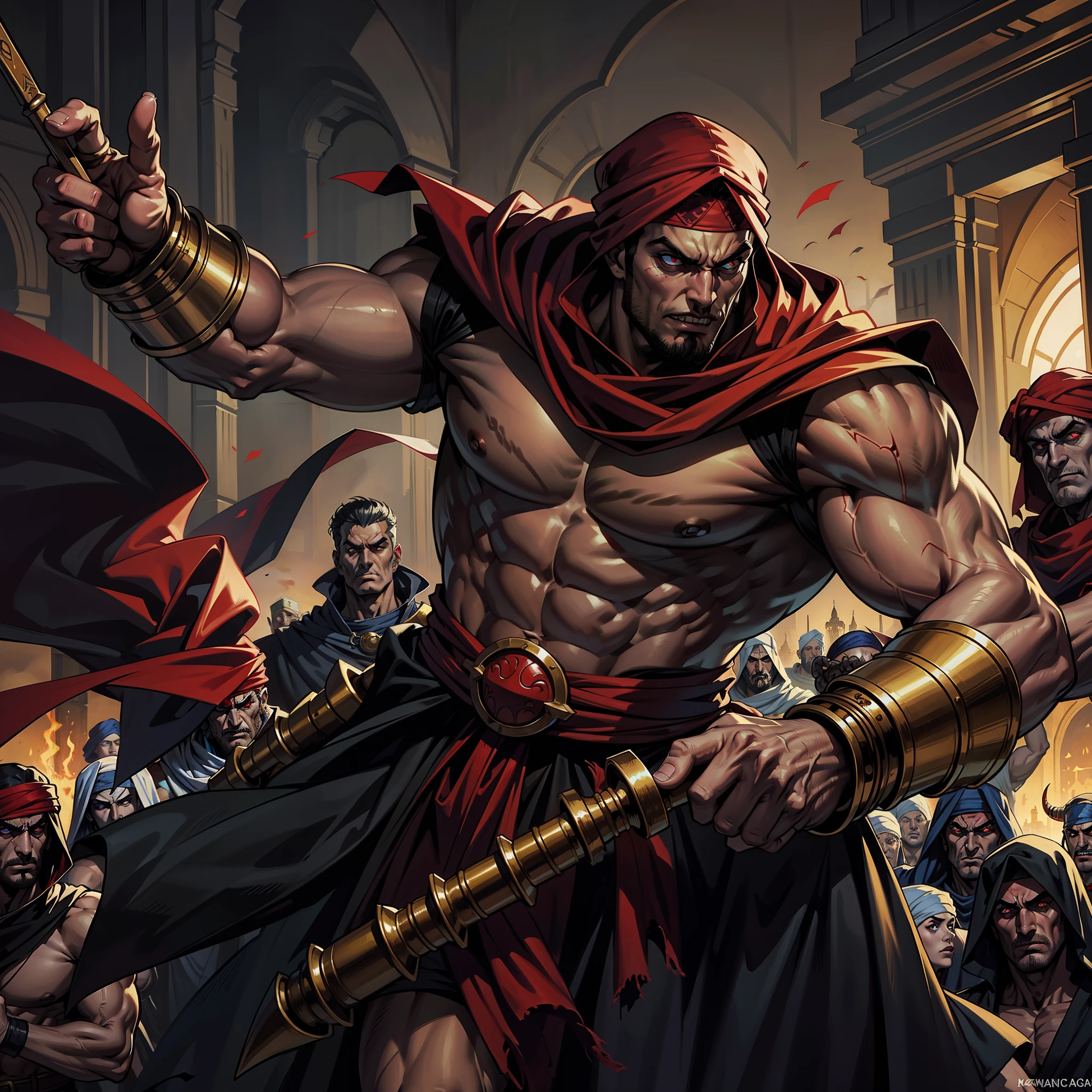 Lord Dracula Medieval Arab Warrior with a Red Turban Scary Face Hokuto no Ken Structure Muscular Face Scary Kenshiro marching with his army of 7 Moroccan avgueriers men