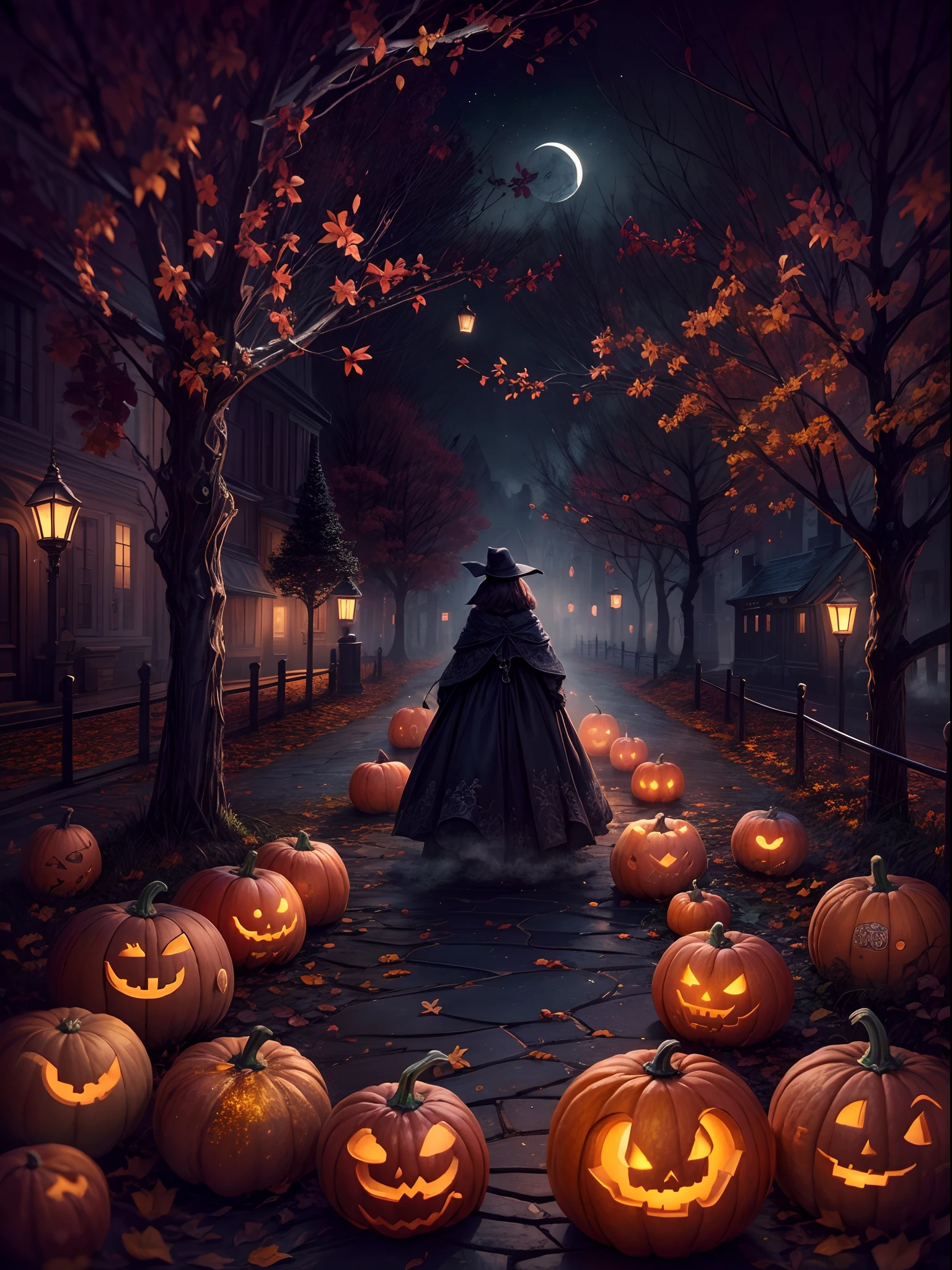 (tmasterpiece),(ultra - detailed:1.3),best qualtiy,(glittery:1.2),(Halloween Dream World:1.4),(Van Gogh starry and moonlight painting style: 1.5),(The moon is empty),halloween night,((The beautiful Dark Witch cruising casually on the city roads in a magical pumpkin carriage)), Beautifully carved decoration,glowing from within, Swirling mist,Wonder, Dark fairytale charm, Enchanted car, In stark contrast to the typical secular reality, The mysterious aura of ghosts,red - eyed,Meniscus,Red Moon,borgar,pumpkins,the bats,Dark black cloak, Dark black wizard hat, Beautiful background, Light particles, Moon light, Dramatic lighting, Cinematic lighting, darkly,Dark tones,Gloomy,The colors are dim,Dark tones,1.4x realism,hyper HD,It is displayed in this beautiful scene,(The is very detailed,reasonable design,Clear lines,High- sharpness,tmasterpiece,offcial art,movie light effect,8K)
