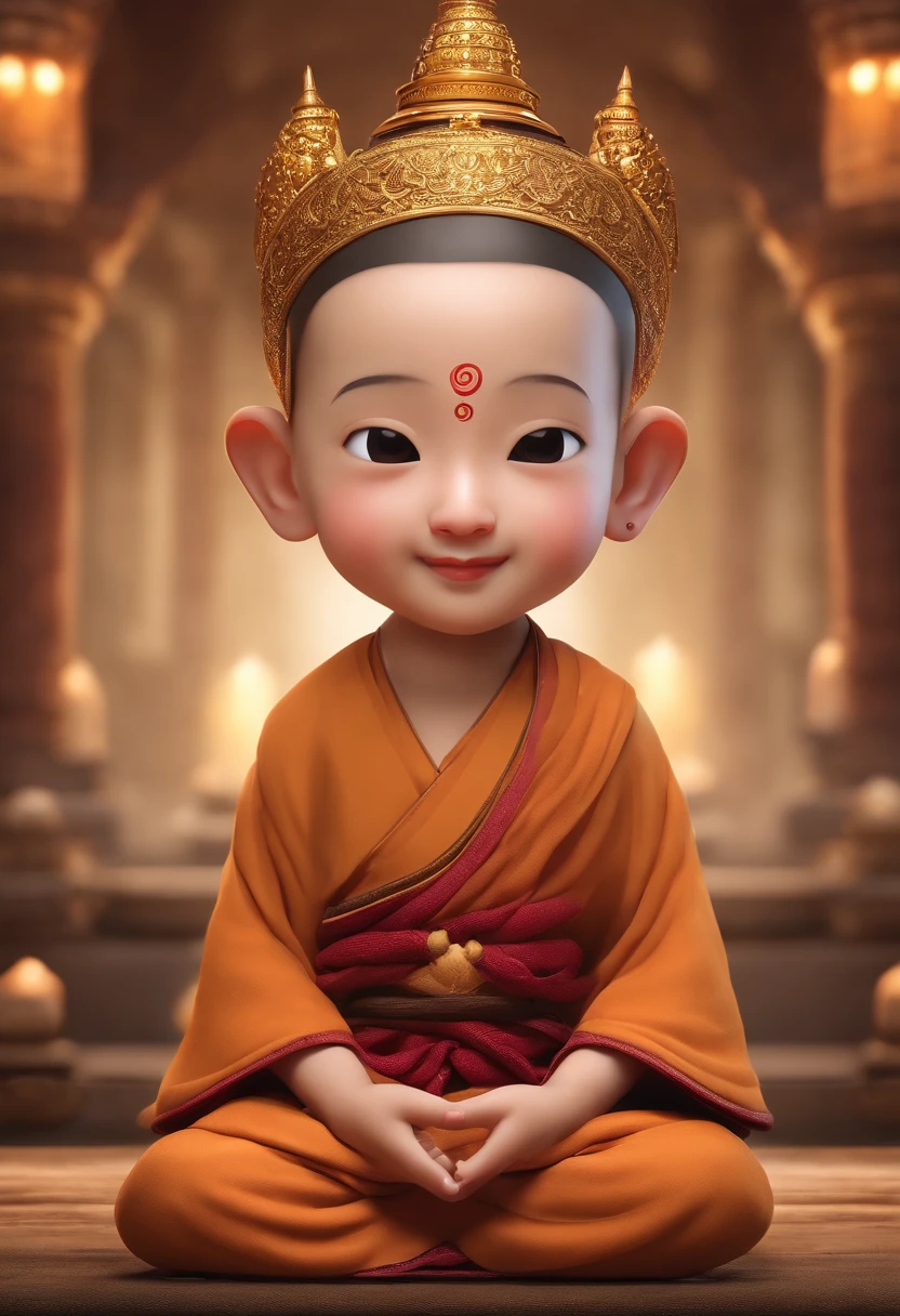 depth of fields,Highest image quality,(tmasterpiece),(Beautiful CG rendering),((Super cute boy bald little monk)),(rounded facial features),ssmile,naïve,(mesmerizing eyes),8K,(super exquisite details),Sit cross-legged(Hanging Buddha beads),Temple background(Beautiful view woods)