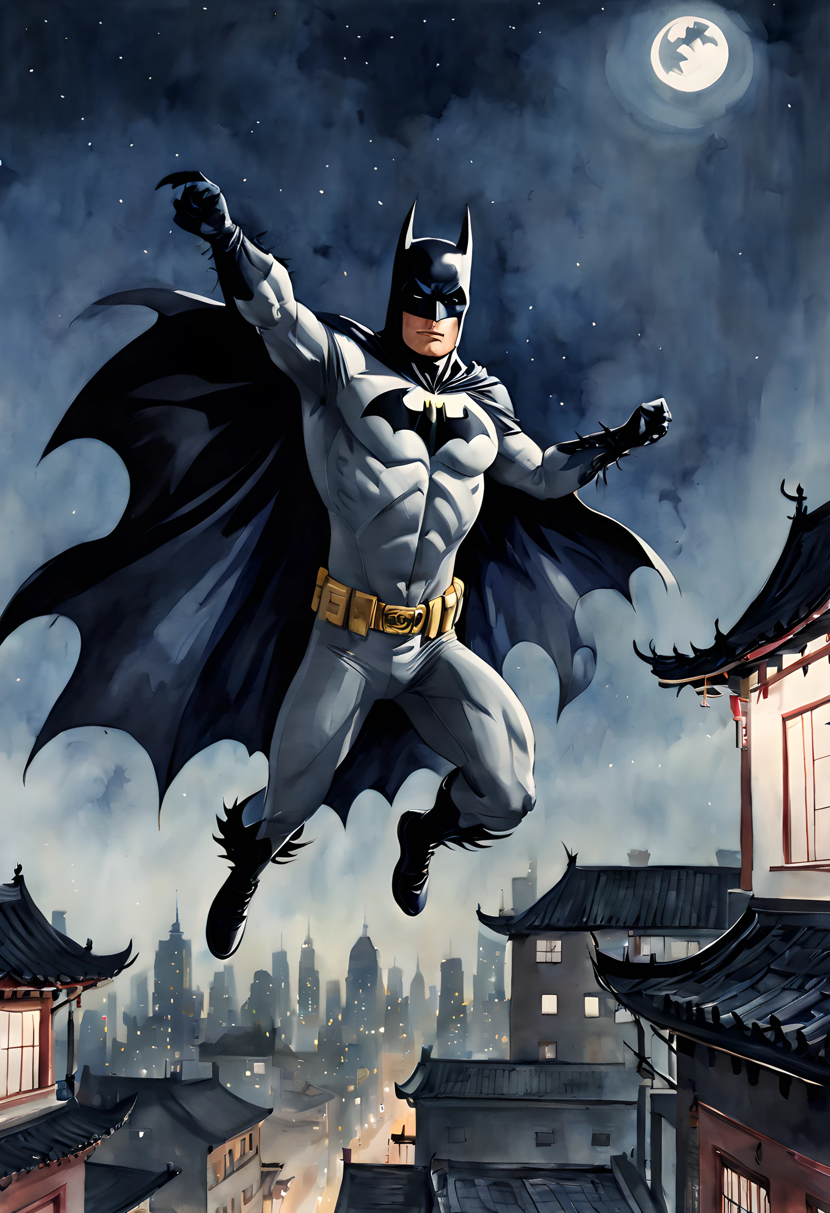 (ink and watercolor painting:1.5), (batman:1.5), (Tasteful:1.5), (ink and watercolor painting:1.5), (Chinese style:1.5), (magic:1.5), (Batman:1.5), (portrait:1.5), (rooftop:1.5), (night:1.5), (midnight:1.5), (Gotham city:1.5), (jumping from roostop:1.5), (low angle:1.5), (dynamic pose:1.5), (dynamic angle:1.5), (acrobatic pose:1.5), (flying:1.5), (spread arms:1.5), (Floating cloak:1.5),