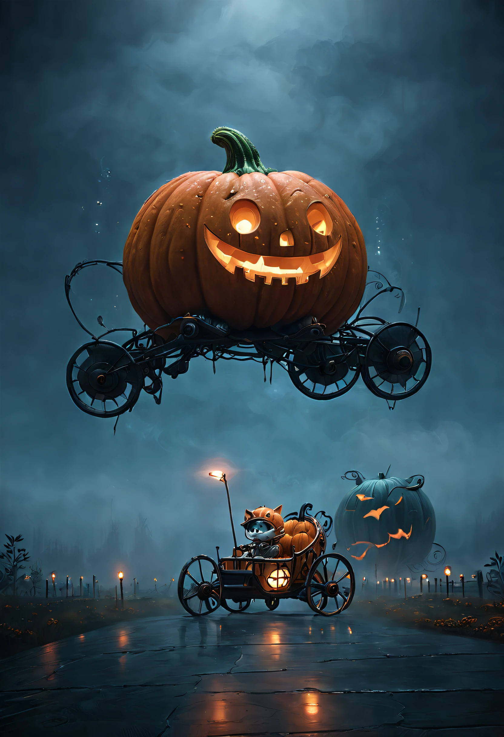 (tmasterpiece),（ultra - detailed：1.3），best qualtiy，（glittery:1.2），（Halloween Dream World:1.4），（The moon is empty），halloween night，((Pumpkin cart、Pumpkin carriage in a sci-fi world、A spaceship in the shape of a pumpkin carriage、A pumpkin carriage moving through space、cosmic space、Warp navigation)), Finely crafted décor，glowing from within, Swirling mist，Wonder, Dark fairytale charm, Magic car, In stark contrast to the typical secular reality, The mysterious aura of ghosts，red - eyed，Meniscus，Red Moon，borgar，pumpkins，the bats，Dark black cloak, Dark black wizard hat, Beautiful background, Light particles, Moon light, Dramatic lighting, Cinematic lighting, darkly，Dark tones，Gloomy，The colors are dim，Dark tones，1.4x realism，hyper HD，It is displayed in this beautiful scene，（The is very detailed，reasonable design，Clear lines，High- sharpness，tmasterpiece，offcial art，movie light effect，8K）