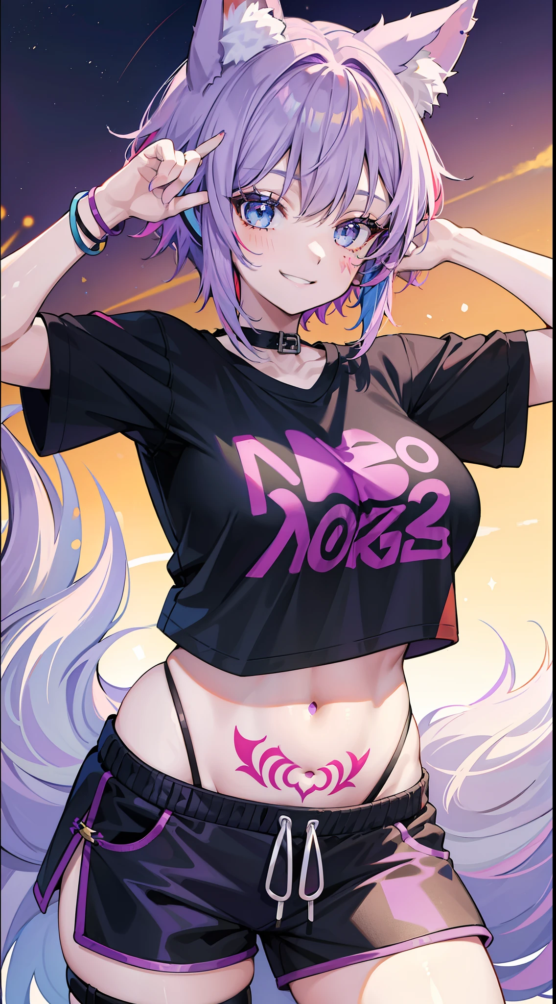<lora:Gomzi:0.8>1girl, crop top, solo, long hair, purple eyes, midriff, shirt, black shirt, long sleeves, navel, looking at viewer, jewelry, earrings, arm up, mole, stomach, breasts, nail polish, smile, flower, medium breasts, closed mouth, crop top overhang, very long hair, upper body, purple nails, black shorts, bangs