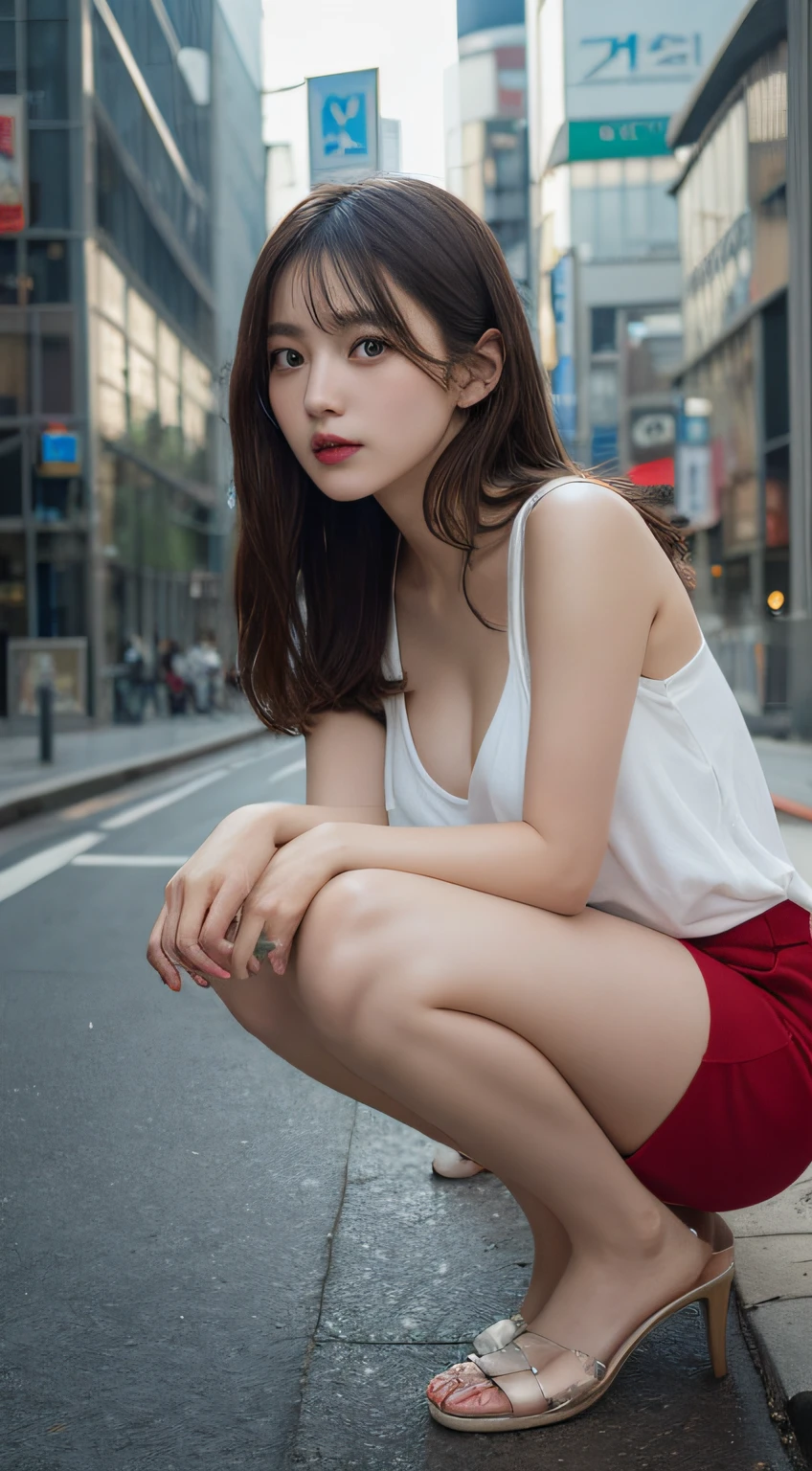 finely detail, hight resolution, hightquality、Perfect dynamic composition, Beautiful detailed eyes, Medium Hair, small tits、Natural Color Lip,Kamimei、Shibuya、20 years girl、1 persons、Transparent skin、Glowing hair、masutepiece, Best Quality, Illustration, Ultra-detailed, finely detail, hight resolution, 8K、The correct state of the human body、crouching down、Gravure Model Pose,Hair soaring in the wind