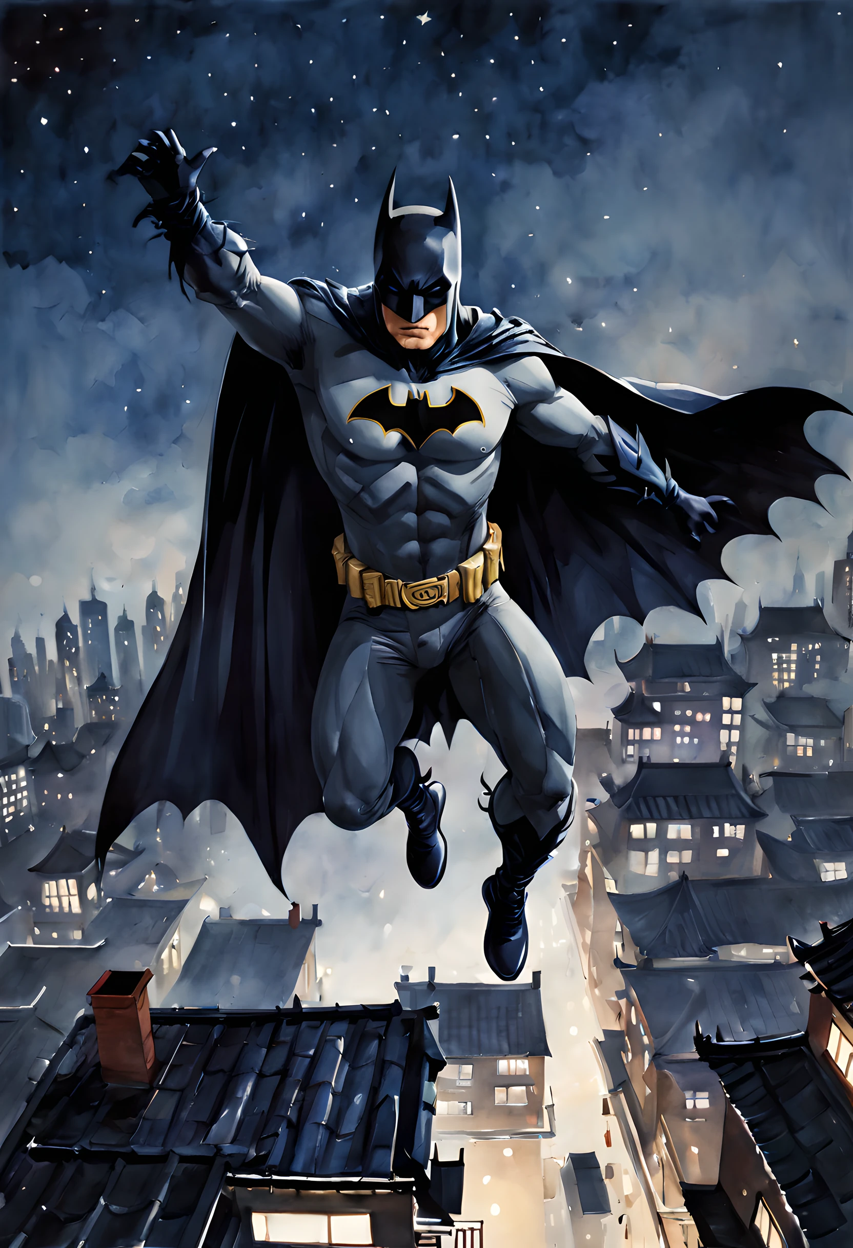 (ink and watercolor painting:1.5), (batman:1.5), (Tasteful:1.5), (ink and watercolor painting:1.5), (Chinese style:1.5), (magic:1.5), (Batman:1.5), (portrait:1.5), (rooftop:1.5), (night:1.5), (midnight:1.5), (Gotham city:1.5), (jumping from roostop:1.5), (low angle:1.5), (dynamic pose:1.5), (dynamic angle:1.5), (acrobatic pose:1.5), (flying:1.5), (spread arms:1.5), (Floating cloak:1.5),