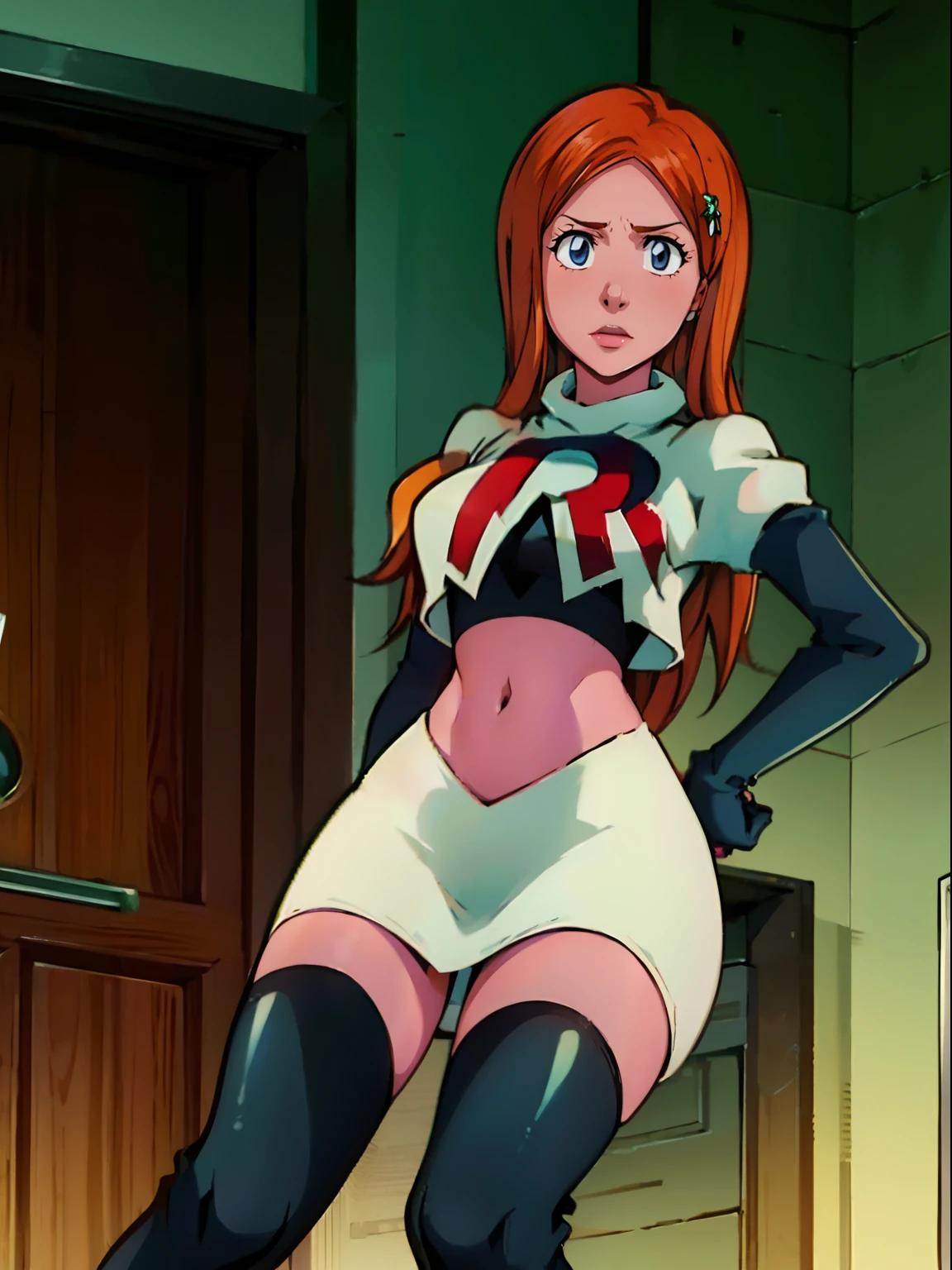 orihime,team rocket,team rocket uniform, red letter R, white skirt,white crop top,black thigh-highs,black elbow gloves, looking down on you , hands on hips