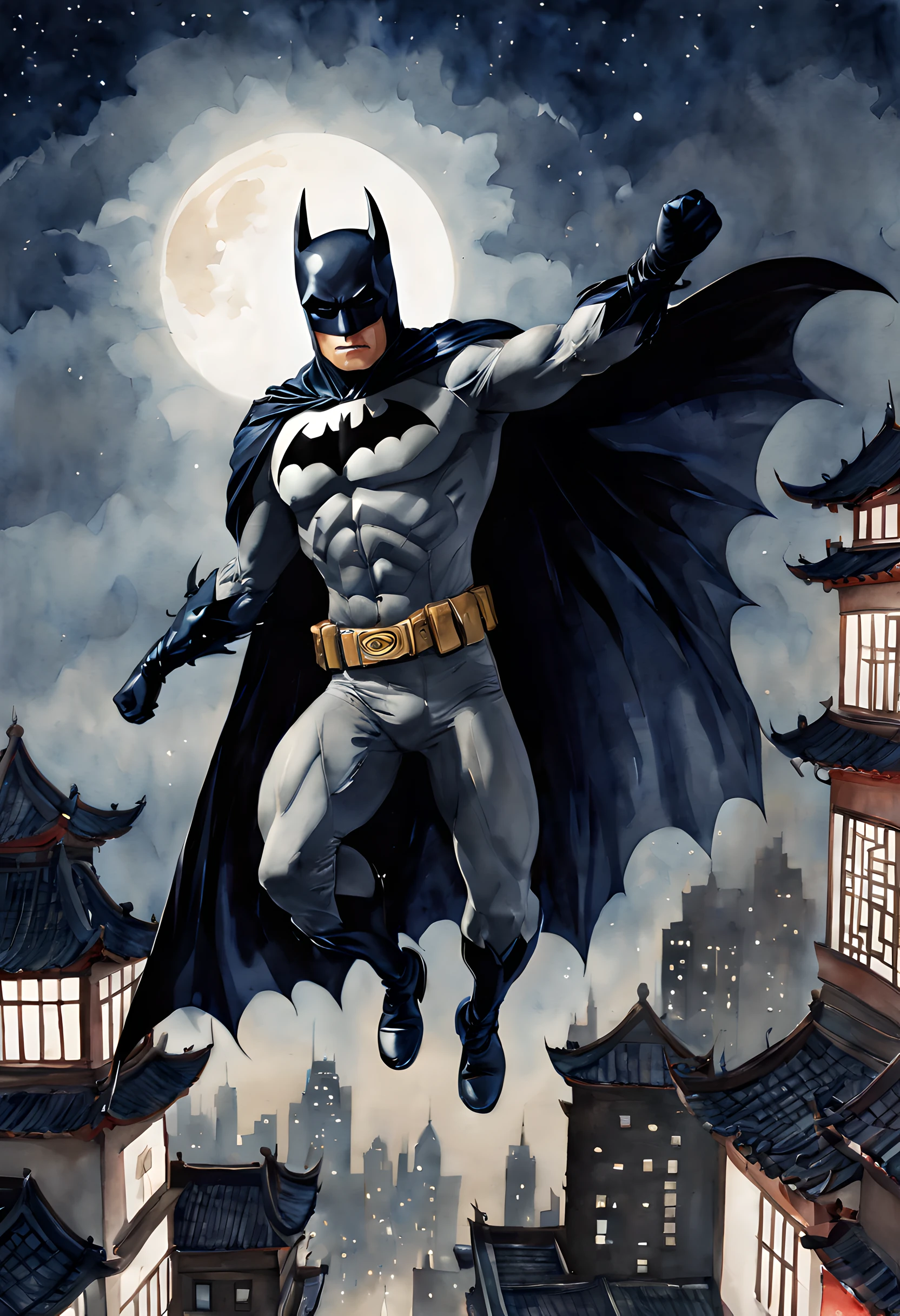 (ink and watercolor painting:1.5), (batman:1.5), (Tasteful:1.5), (ink and watercolor painting:1.5), (Chinese style:1.5), (magic:1.5), (Batman:1.5), (portrait:1.5), (rooftop:1.5), (night:1.5), (midnight:1.5), (Gotham city:1.5), (jumping from roostop:1.5), (low angle:1.5), (dynamic pose:1.5), (dynamic angle:1.5), (acrobatic pose:1.5), (flying:1.5), (spread arms:1.5), (Floating cloak:1.5),